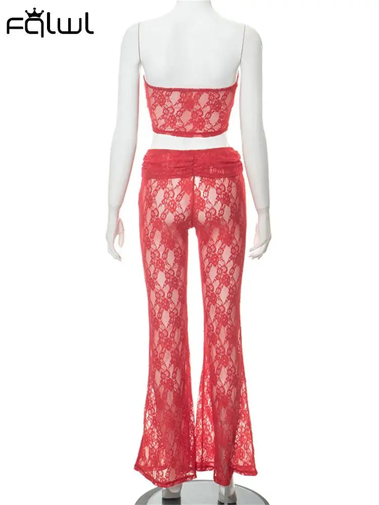 Sexy Red Lace Sheer Strapless Bodycon Crop Top & Pants Set for Women | 2-Piece Club Outfit | Perfect for Parties, Nightclubs & Date Nights | 2023 Fashion Trend