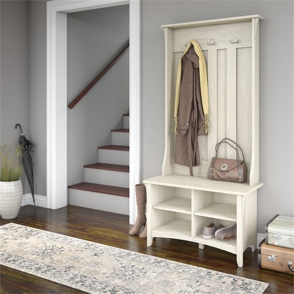 Bush Furniture Salinas Hall Tree with Storage Bench in Antique White - Entryway Organizer with Shoe Storage & Coat Hooks for Home, Office, or Mudroom