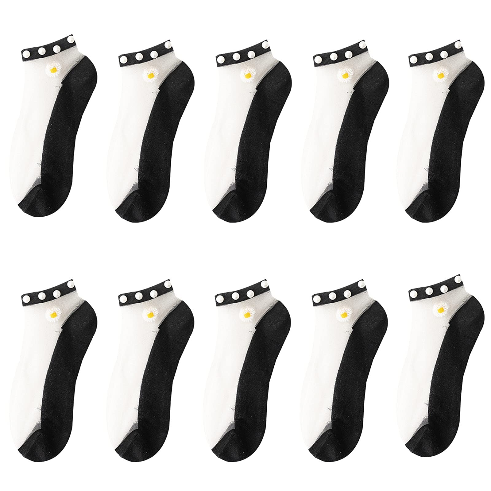 5 Pairs Women's Daisy Sheer Mesh Socks - Pearl Low Cut Ultra Thin Breathable Summer Socks (Black, One Size) | Perfect for Casual Wear, Office, and Summer Outfits