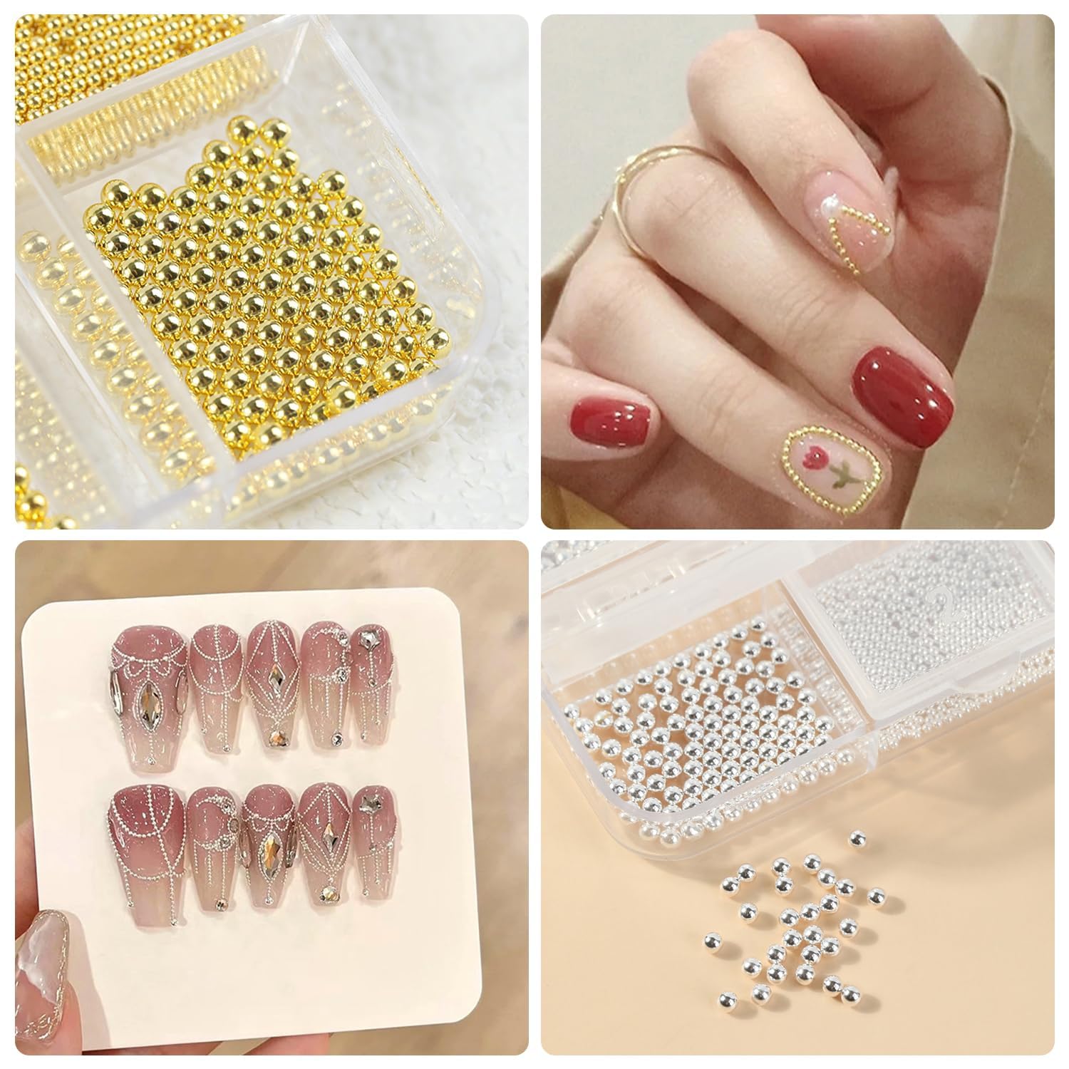 2 Boxes 3D Nail Beads Kit with Magnetic Picker Tool - Gold & Silver Metal Caviar Beads, Nail Charms, Gems, Studs for Professional Nail Art Design - Perfect for Salon, DIY Manicures & Nail Decoration
