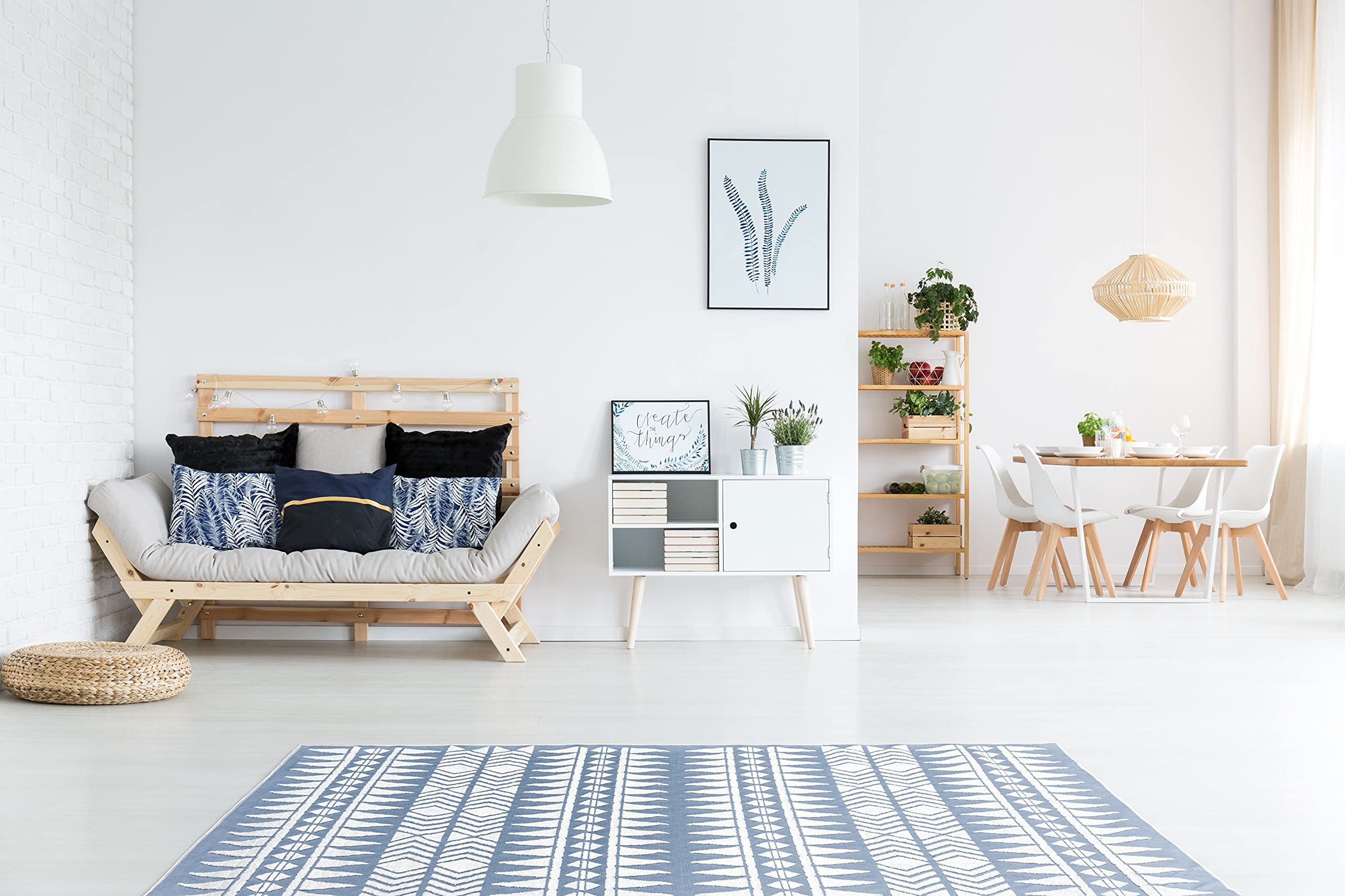 Premium Ladole Chevron Rug in Santorini Blue & Cream - Soft Non-Slip Area Rug for Living Room, Bedroom, Nursery & Home Decor