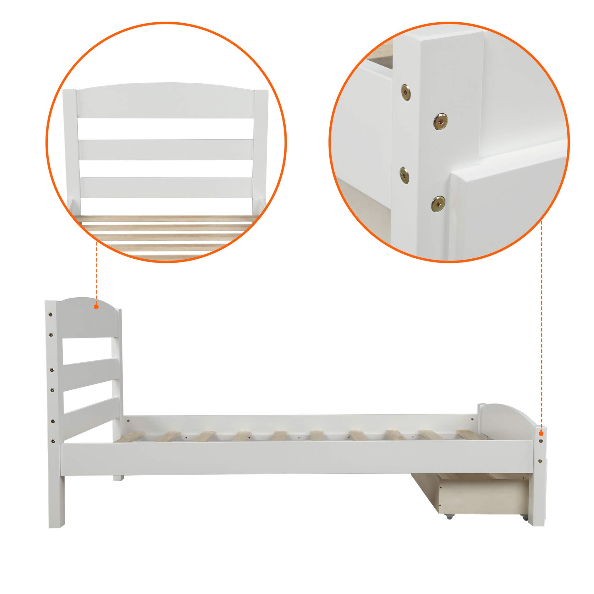 MERITLINE Twin Bed Frame with Storage Drawers - Wooden Platform Bed with Headboard & Slat Support - No Box Spring Required - White - Perfect for Small Spaces, Guest Rooms & Dormitories