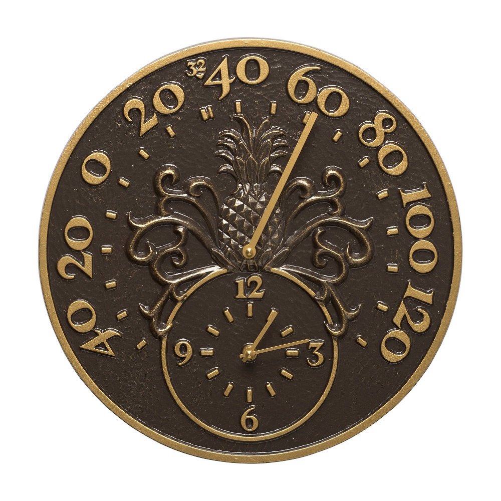Whitehall Products 01793 Pineapple Thermometer & Clock Set - Tropical Home Decor for Kitchen, Bathroom, or Outdoor Spaces