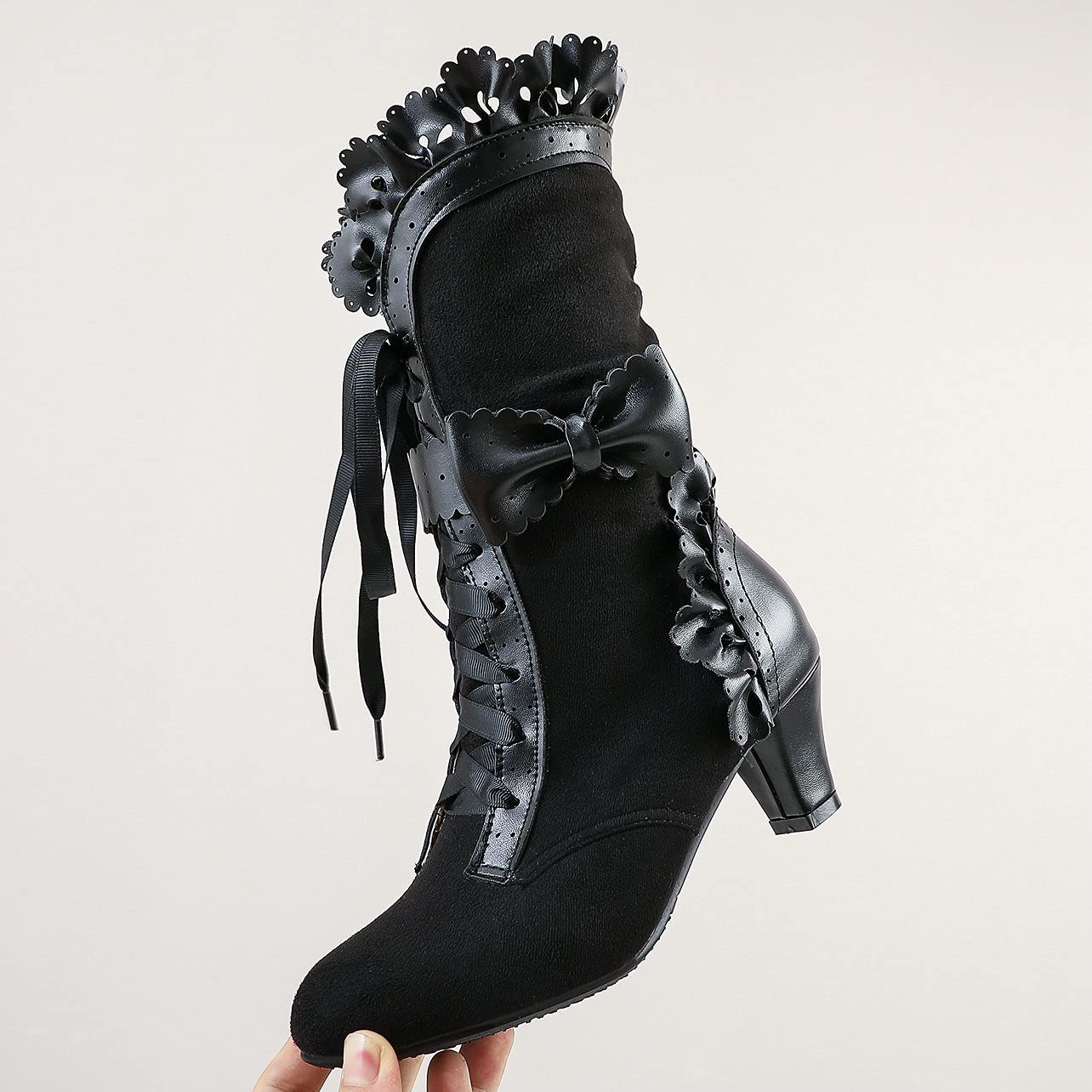 UniqueStride Women's Lolita Kitten Heel Mid Calf Boots - Sweet Bow Lace Up Cosplay Kawaii Dress Boots for Anime Conventions & Gothic Fashion