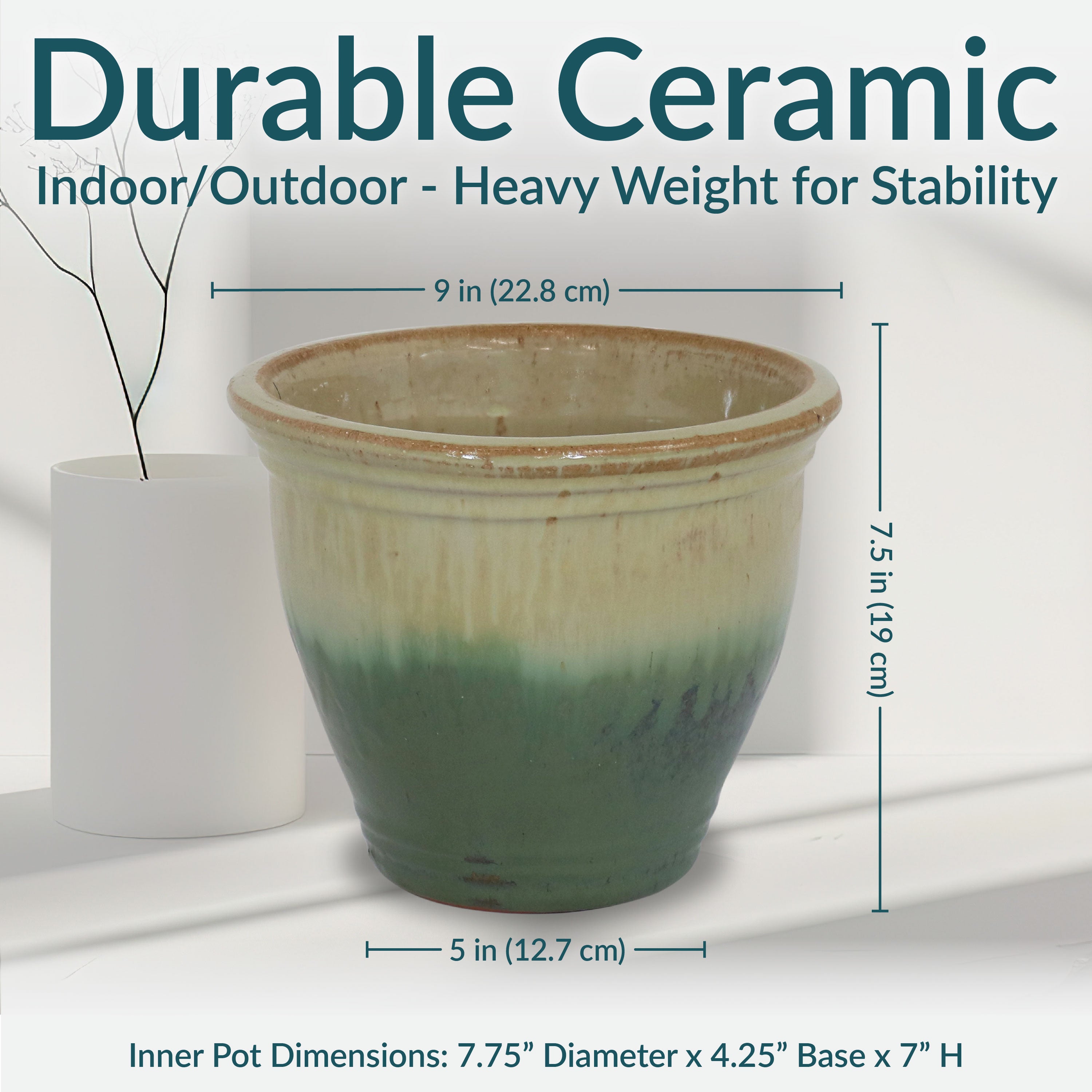 Premium Glazed Ceramic Plant Pots with Drainage Holes - Set of 2 Indoor/Outdoor Flower Planters for Home Decor, Garden & Patio