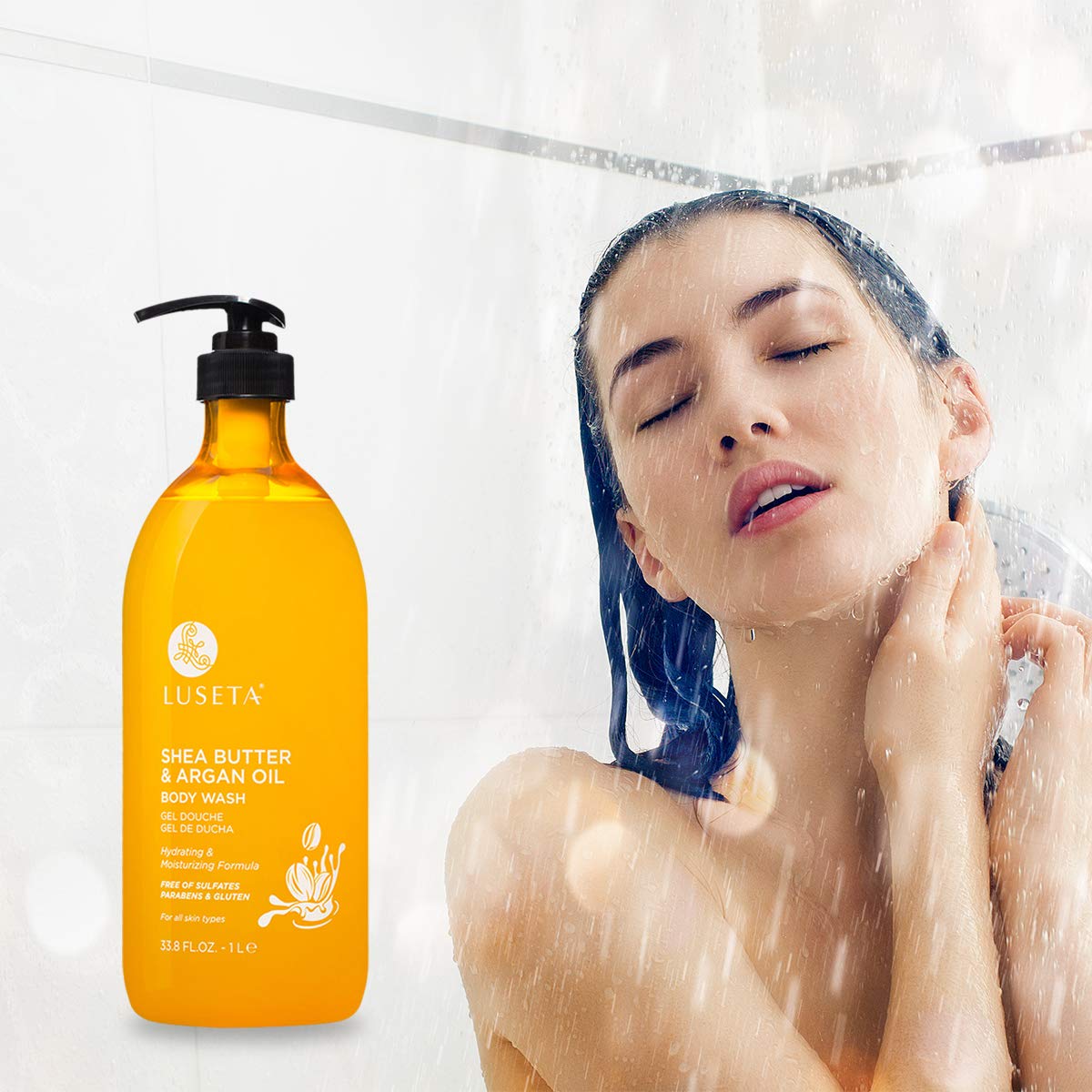 Luseta Shea Butter & Argan Oil Moisturizing Body Wash for Dry, Normal & Combination Skin - 33.8oz Hydrating Shower Gel with Natural Oils - Perfect for Daily Skincare Routine & Spa-Like Bath Experience