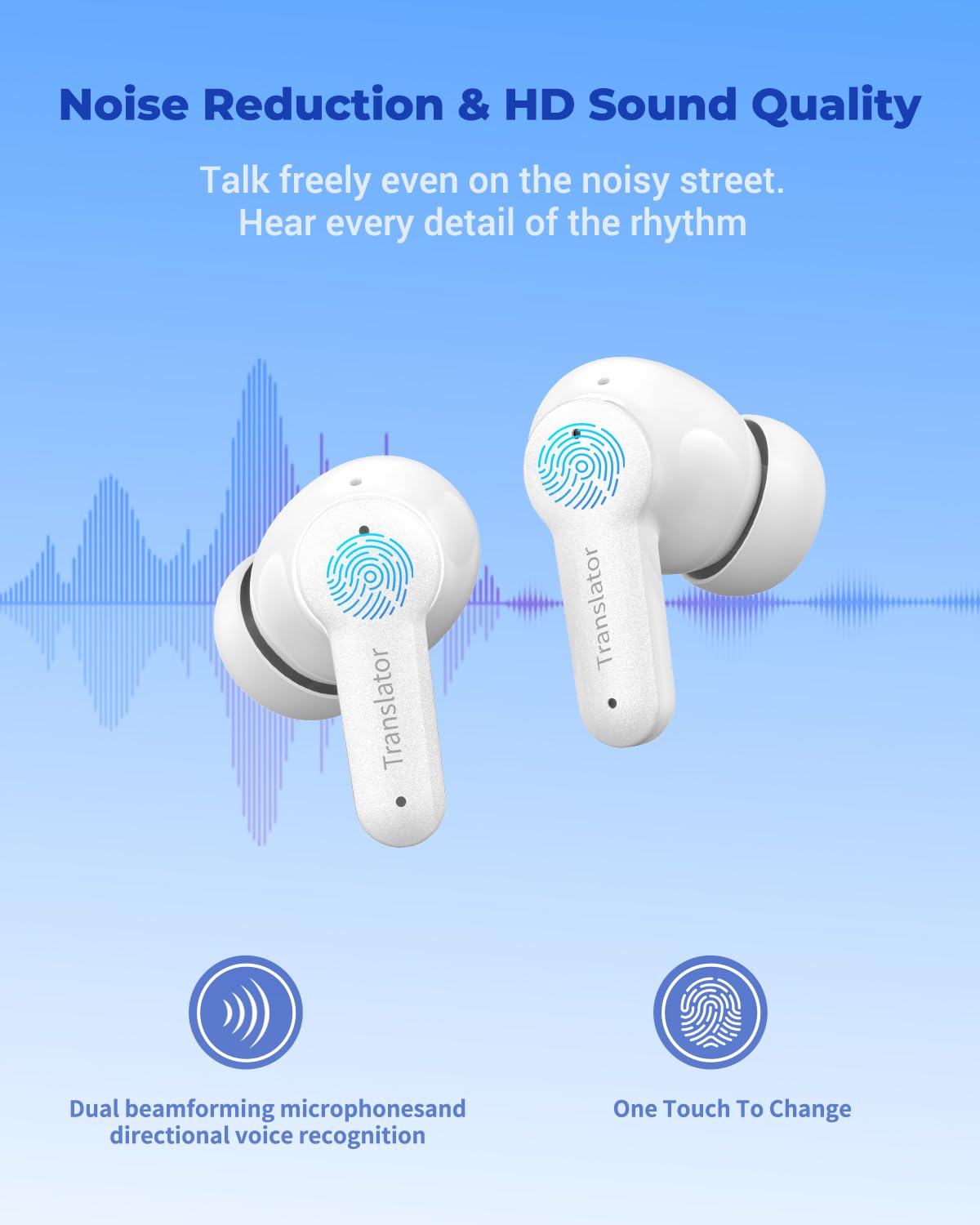 AI Translator Earbuds with 144 Languages & Accents - Real-Time Translation Earbuds for Travel, Business & Learning - No Monthly Fees - Wireless Bluetooth Earbuds for International Communication (White)