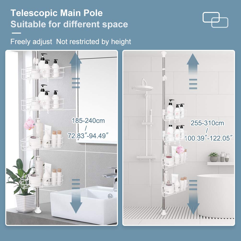 BAOYOUNI 4-Tier Adjustable Shower Caddy Tension Pole Corner Shelf - Bathroom Organizer for Shampoo, Soap & Toiletries - No Drilling Space-Saving Floor to Ceiling Storage Rack - Perfect for Small Bathrooms & Bathtub Organization (White)