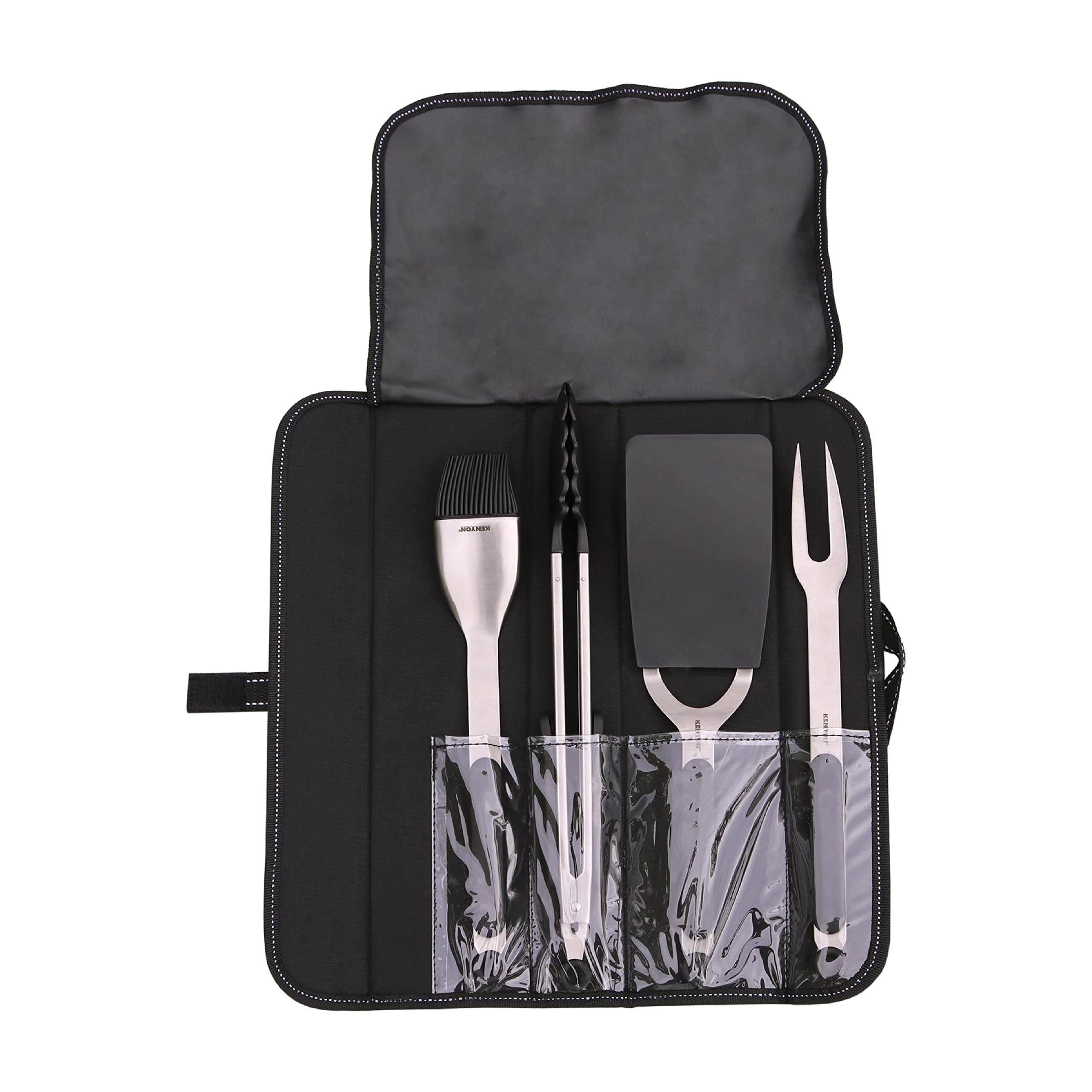 Premium Stainless Steel 4-Piece Grill Utensil Set - Grill Fork, Tongs, Spatula & Basting Brush with Removable Soft-Grip Handles & Smart Canvas Bag - Easy to Clean BBQ Tools for Outdoor Cooking, Backyard Grilling & Camping Trips