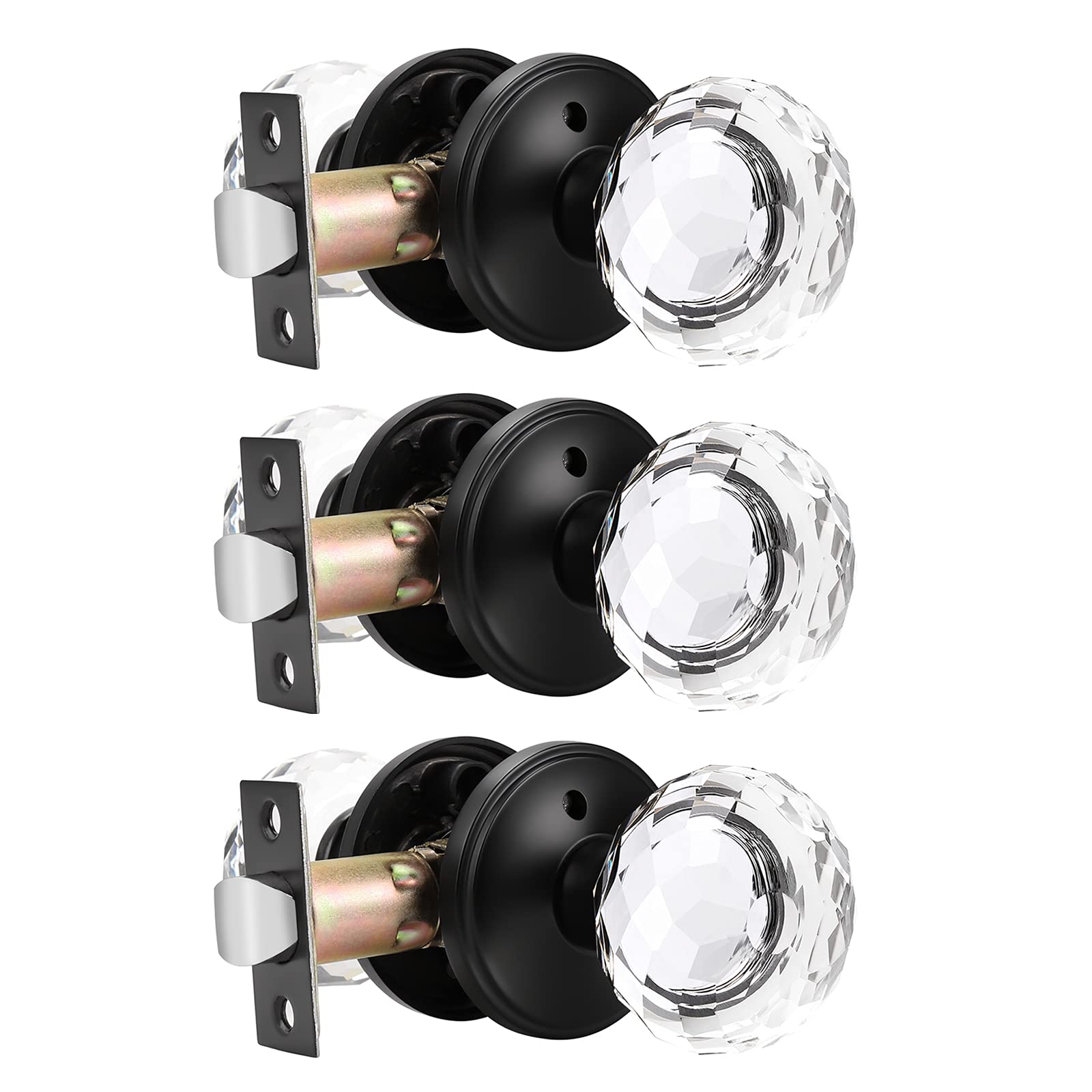 Probrico 3-Pack Black Faceted Diamond Crystal Door Knobs with Lock - Heavy Duty Glass Privacy Door Knobs for Bedroom & Bathroom - Round Interior Door Handles with Rosette for Home, Office & Hotel Use