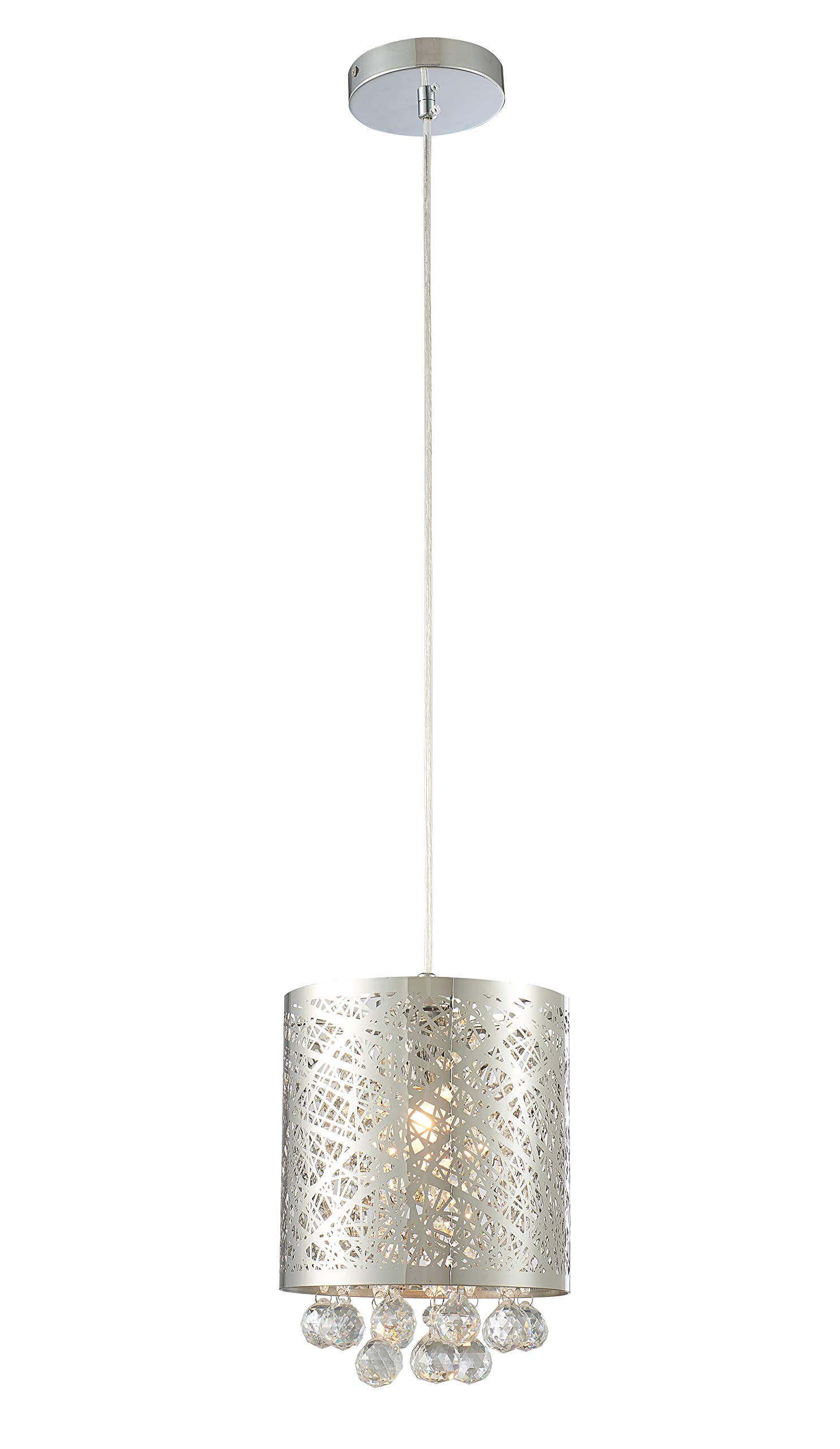 Bethel A Modern Stainless Steel Laser Cut Single Pendant Light with Clear Hanging Crystal Balls - Elegant Dining Room & Kitchen Island Lighting Fixture
