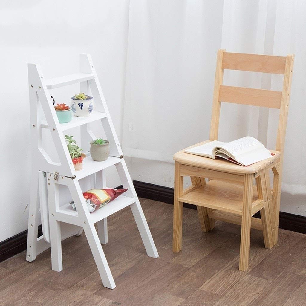 Convertible Ladder Chair - Multifunctional Wooden Step Stool with Folding Design for Kitchen, Office & Library | Space-Saving Home Furniture for Small Spaces (White)