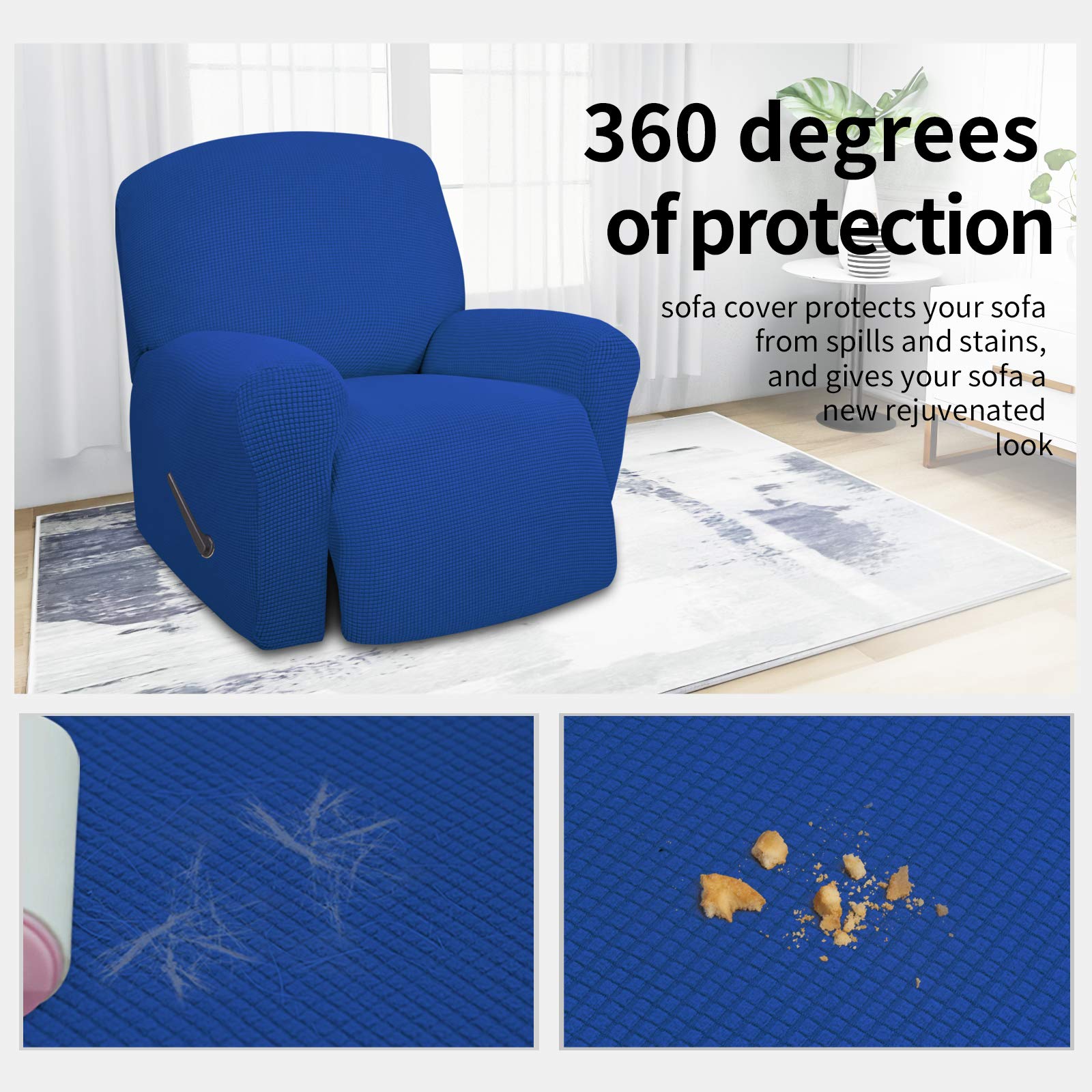 4-Piece Oversized Recliner Stretch Sofa Slipcover - Klein Blue Jacquard Fabric with Elastic Bottom - Polyester Spandex Furniture Protector for Couches & Sectionals - Classic Checkered Design (X-Large) - Perfect for Living Room, Family Room & Home Theater Seating