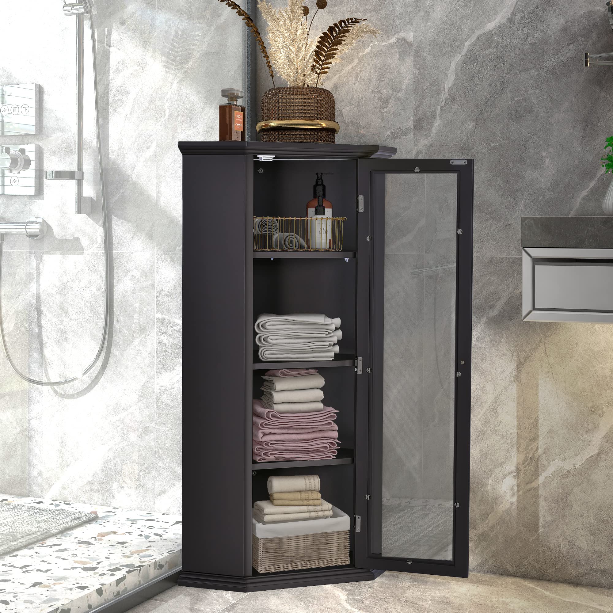 Mbolyeer Corner Storage Cabinet with Glass Door - Freestanding Bathroom, Living Room & Kitchen Cabinet - MDF Board with Painted Finish (Black Brown) - Perfect for Small Space Organization in Bathroom, Bedroom or Entryway