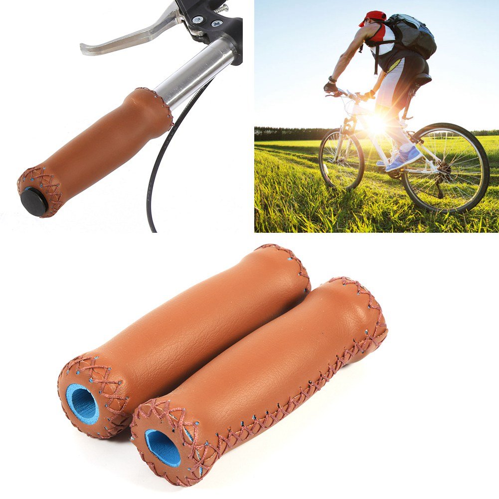 Premium Retro Brown Artificial Leather Bike Handlebar Grips - 1 Pair Ergonomic Non-Slip Grips for Mountain & Road Bicycles - Perfect for Commuting, Touring and Long-Distance Cycling