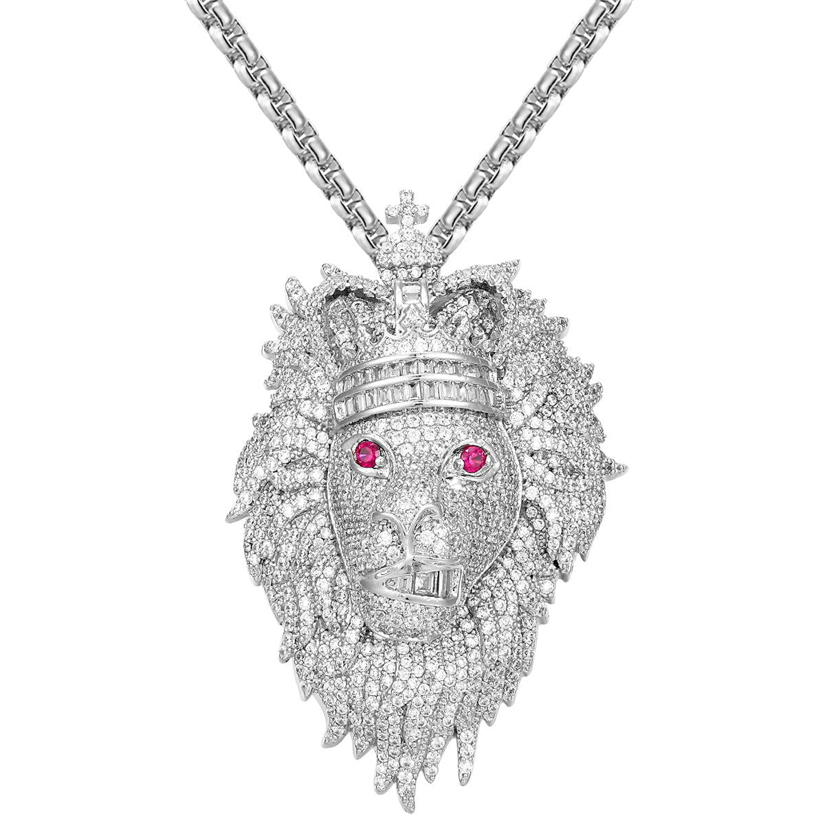 Custom Icy Lion Animal Face King Crown Ruby Eye Pendant Necklace - Gothic Jewelry for Men & Women, Perfect for Cosplay, Halloween & Fantasy Costume Accessories