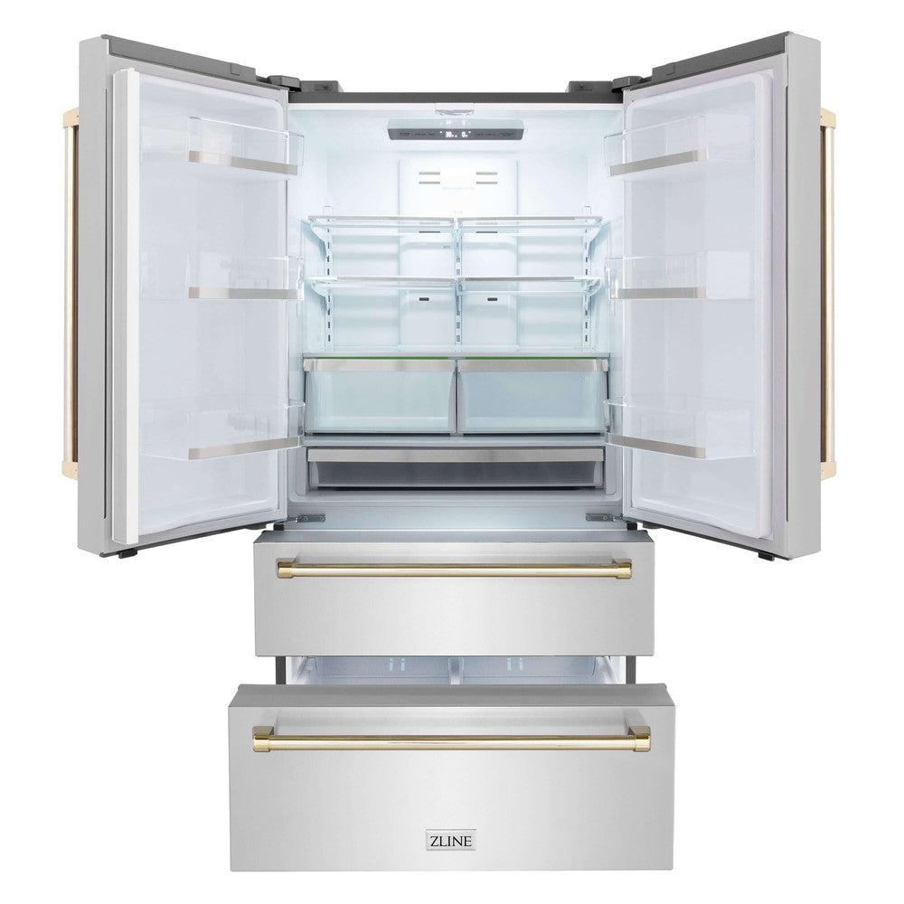 ZLINE Autograph Edition 36 Inch Counter Depth French Door Refrigerator - 22.5 cu ft Capacity with Ice Maker, Fingerprint Resistant Stainless Steel & Polished Gold Handles (RFMZ 36 G) - Perfect for Modern Kitchens & Open Concept Homes