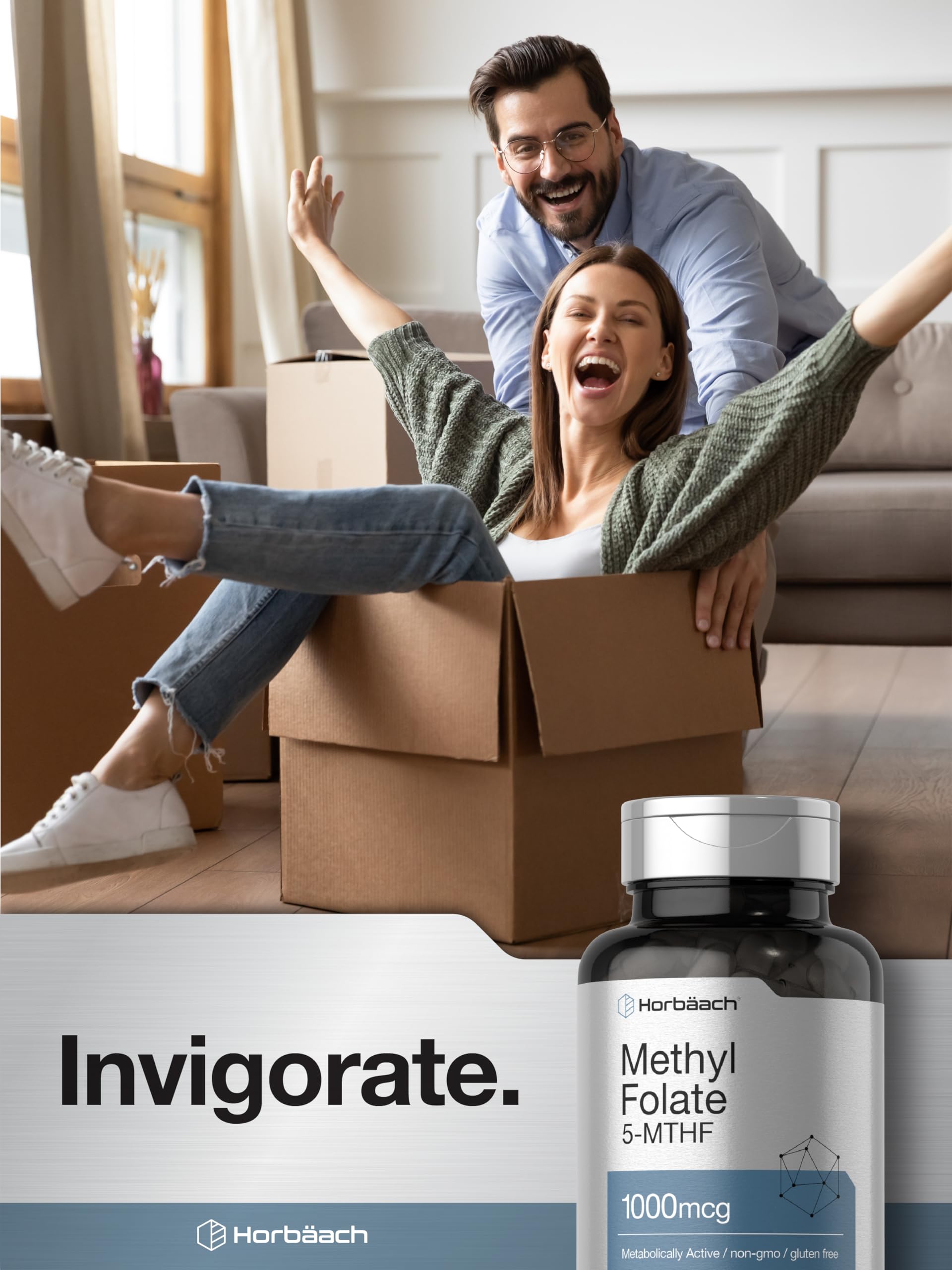 Horbäach Methyl Folate 1000 mcg Supplement (200 Capsules) - 5-MTHF Active Folate for Women & Men - Non-GMO, Gluten Free - Supports Heart Health, Pregnancy & Cognitive Function - Perfect for Prenatal Care & Daily Wellness