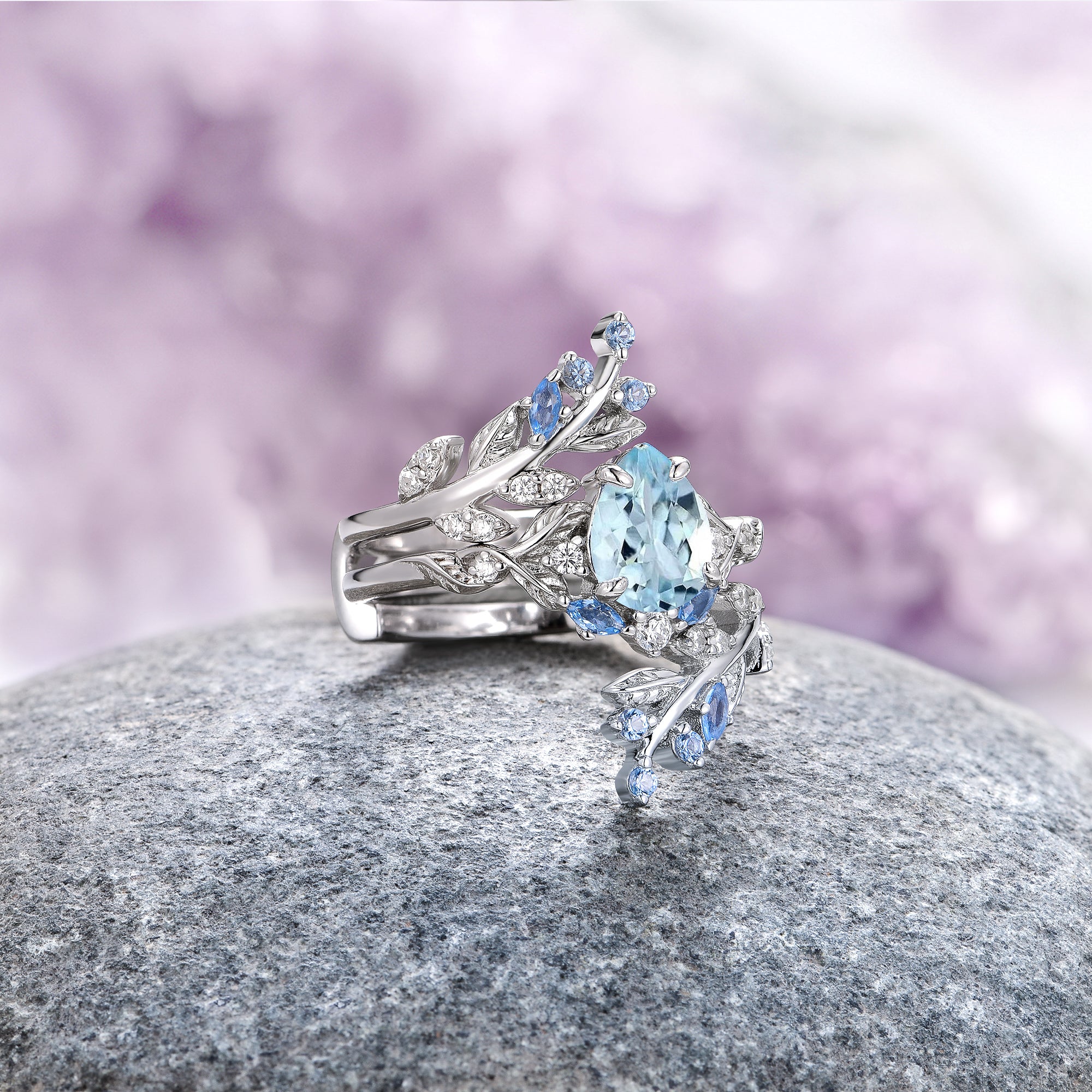 Wisteria Aquamarine Fairy Leaf Ring Set - Sterling Silver Jewelry for Women, Elegant Nature-Inspired Rings for Wedding, Party & Everyday Wear