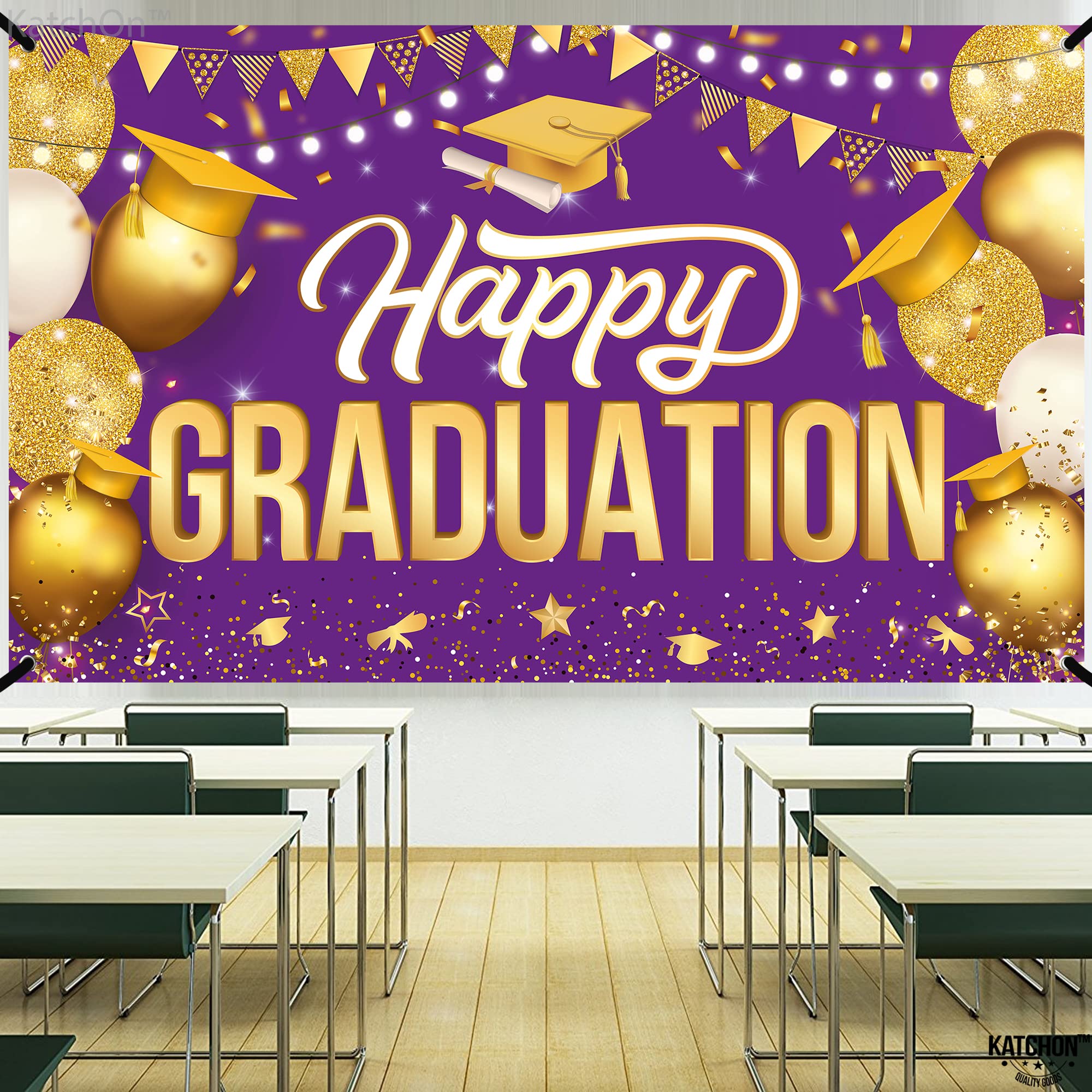 KatchOn Extra Large Happy Graduation Banner - 72x44 Inch Purple & Gold Backdrop for Class of 2025 | 2025 Graduation Decorations, Congratulations Banner | Perfect for Graduation Parties, Photo Booths & School Events