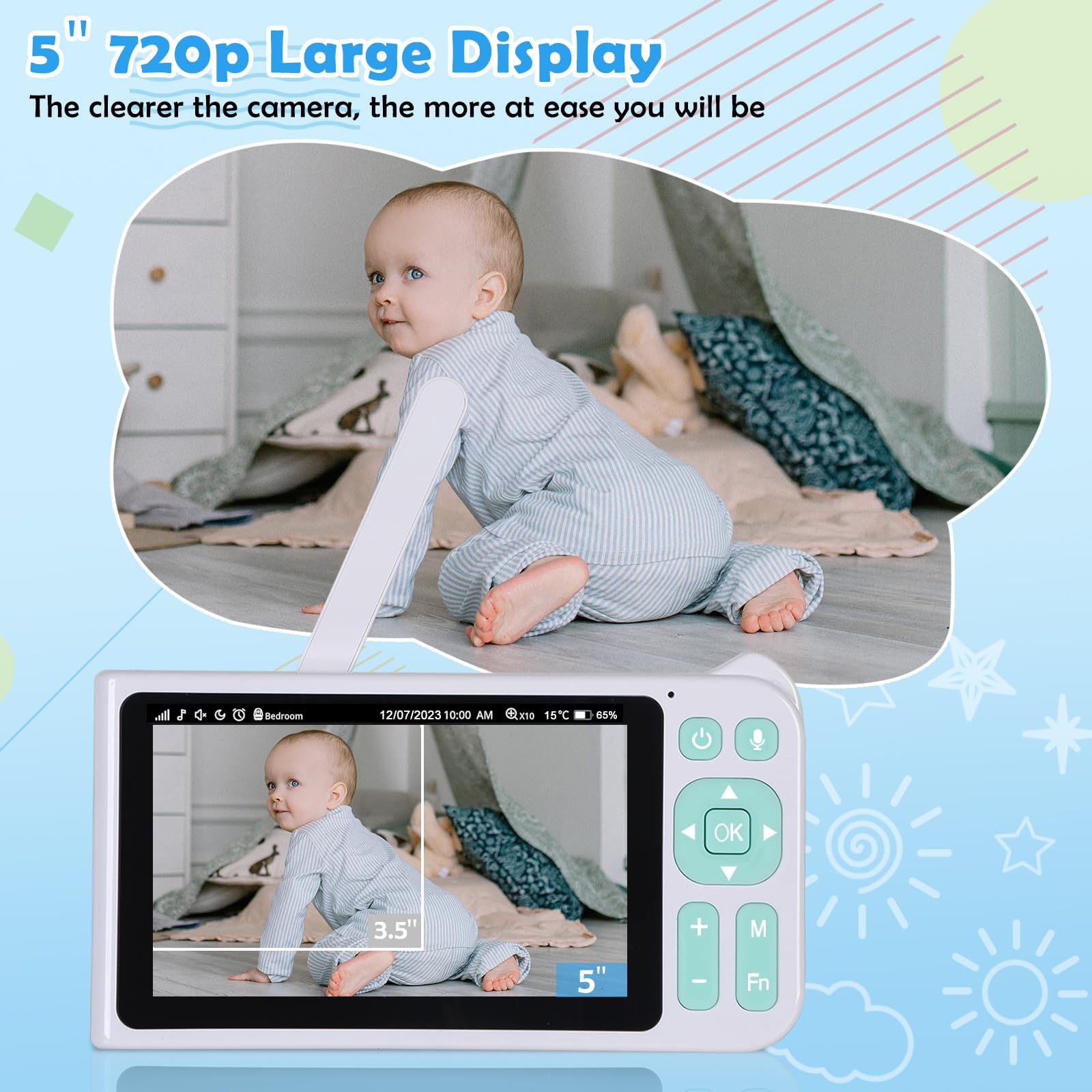 BLAZEVIDEO 1080p FHD Baby Monitor with 5” LCD Screen, 3000ft Long Range, 2-Way Audio, Infrared Night Vision, Soothing Lullabies, 5000mAh Rechargeable Battery – Ideal for Nursery, Bedroom, and Travel Baby Monitoring