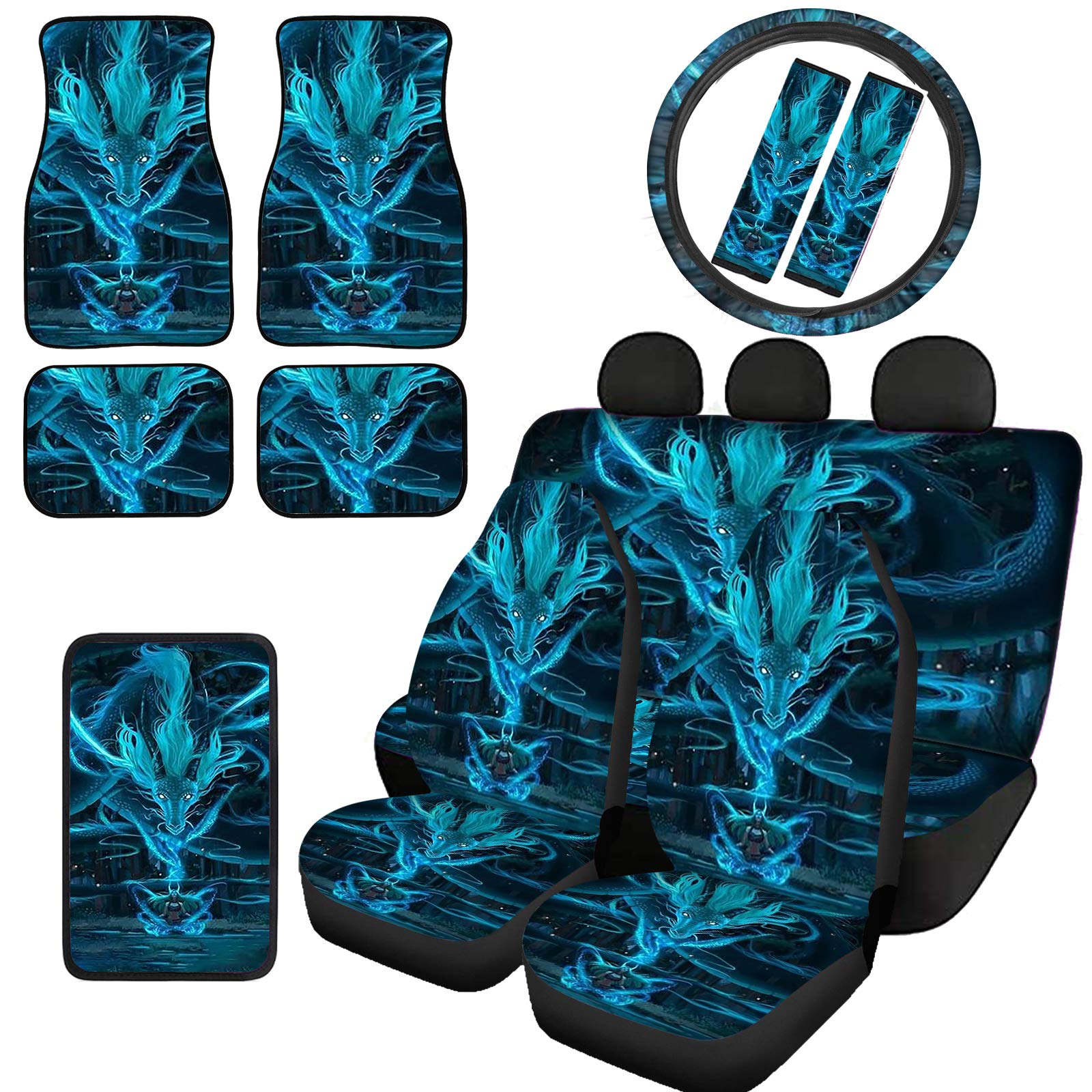 JEOCODY Blue Dragon Car Seat Covers Set - 12 Piece Universal Fit for Cars, SUVs & Trucks (2 Front Seat Covers, 2 Bench Protectors, 4 Floor Mats, Steering Wheel Cover, Armrest Pad, 2 Seat Belt Pads) - Durable & Stylish Interior Protection for Daily Commute & Road Trips