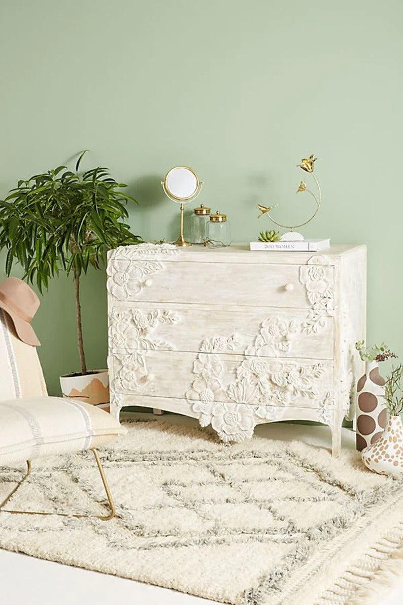 Hand Carved White Rose Design Three-Drawer Dresser - Perfect for Bedroom, Nursery & Guest Room Furniture Storage