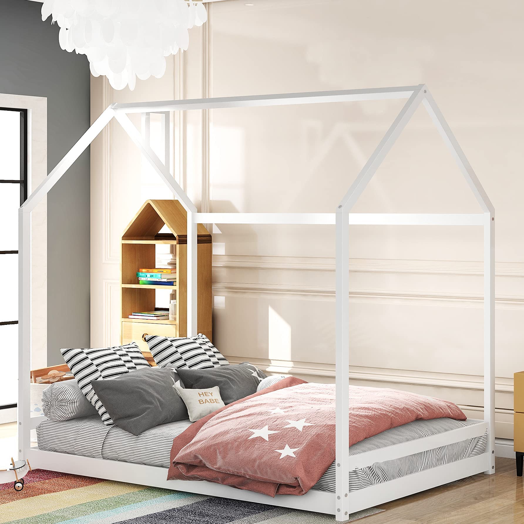MERITLINE Twin Size House Bed Frame with Roof - Sturdy Wooden Loft Bed for Kids & Teens, Requires Box Spring - Perfect for Bedrooms, Playrooms & Dorm Decor