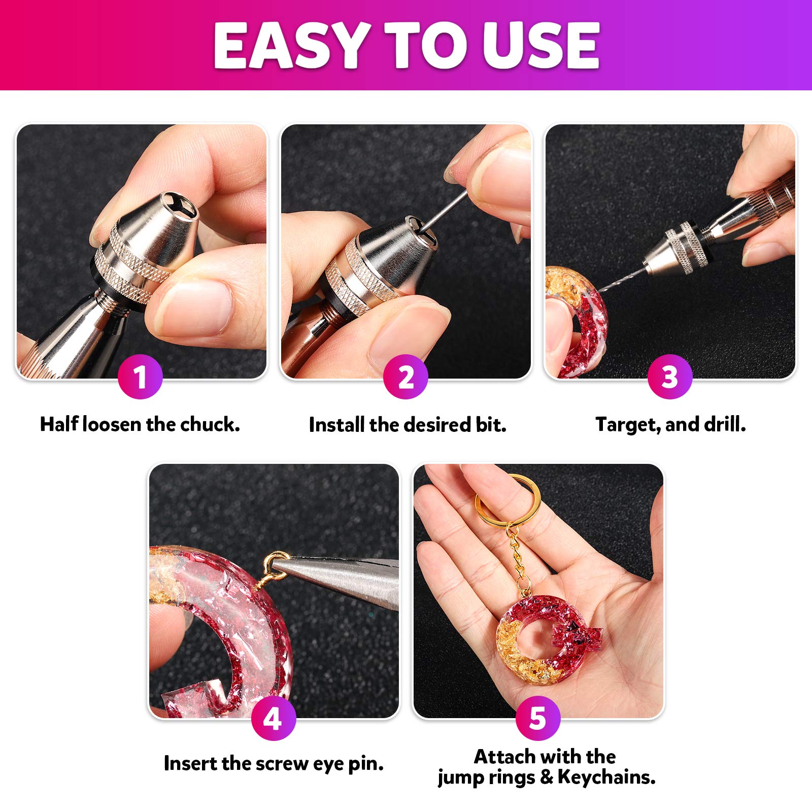LEOBRO 222 PCS Hand Drill Kit with Pin Vise, Drill Bits (0.8mm-3mm), Needle Nose Pliers - Jewelry Making & Keychain Crafting Tools for DIY Projects, Woodworking, and Small Hole Drilling
