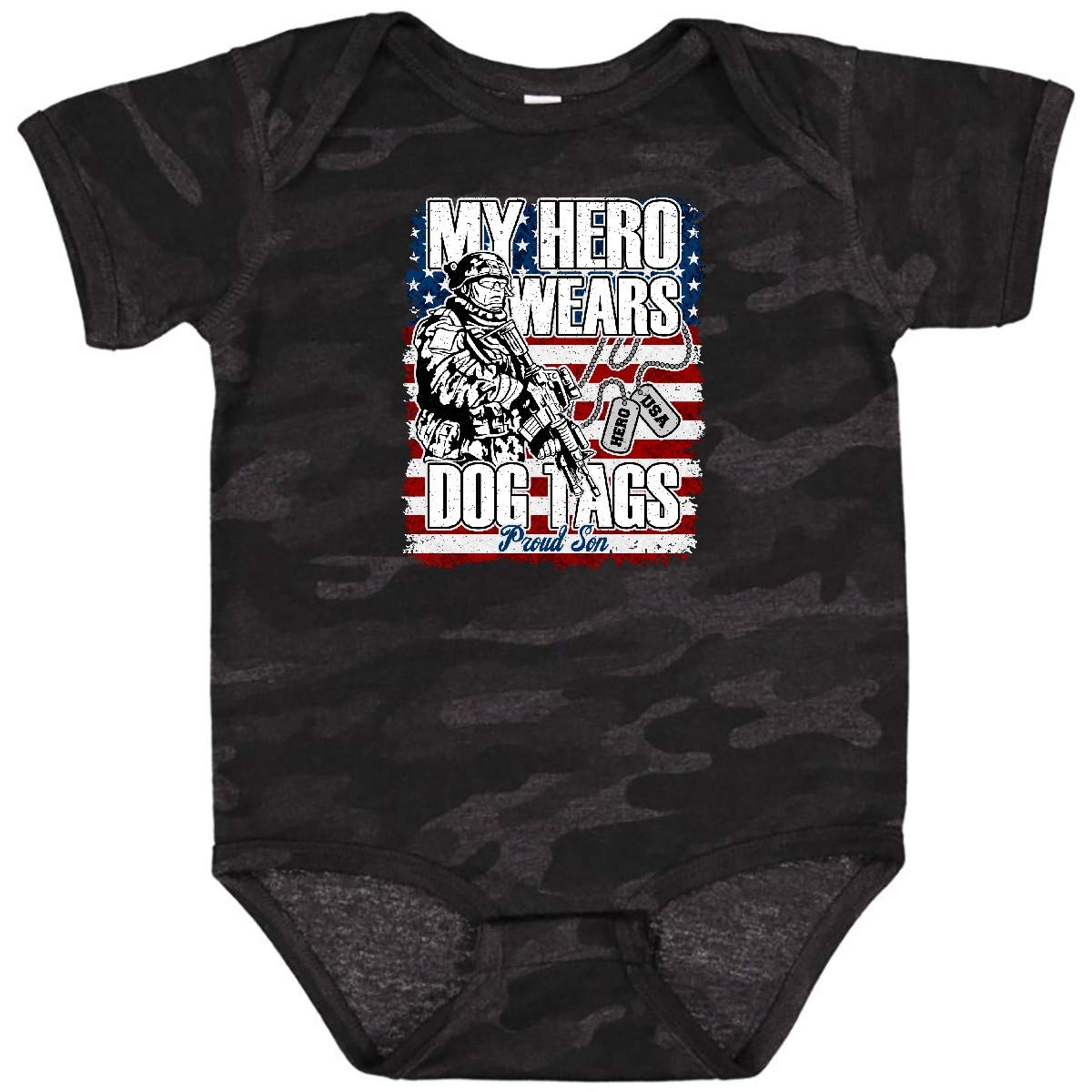 Inktastic Proud Son Hero Wears Dog Tags Military Dad Baby Bodysuit - Comfortable Cotton Onesie for Military Families, Patriotic Baby Gift & Everyday Wear