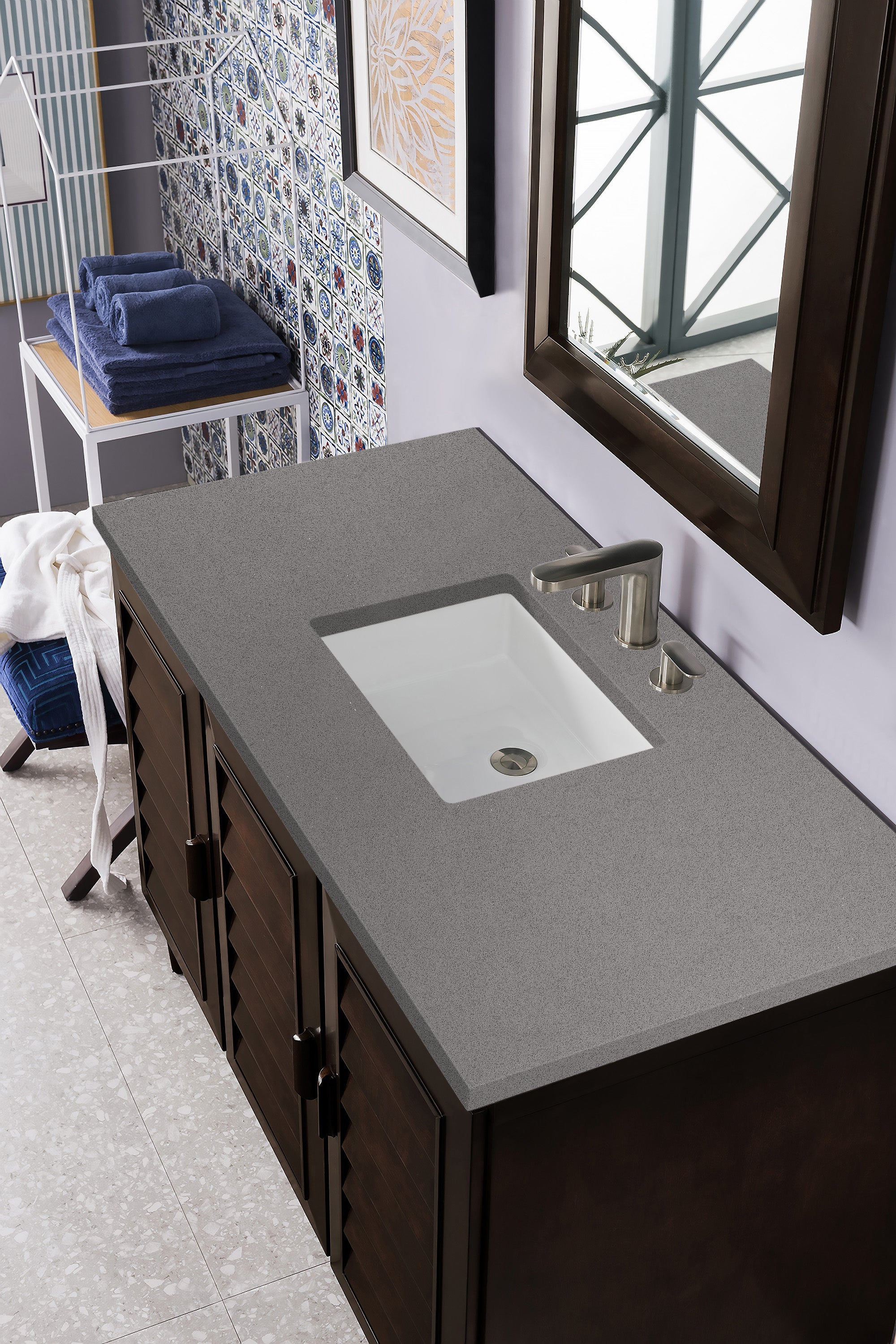 Portland 48 Inch Single Bathroom Vanity with Burnished Mahogany Finish & 3CM Gray Expo Quartz Countertop - Perfect for Modern Home Bathroom Renovation and Space-Saving Design