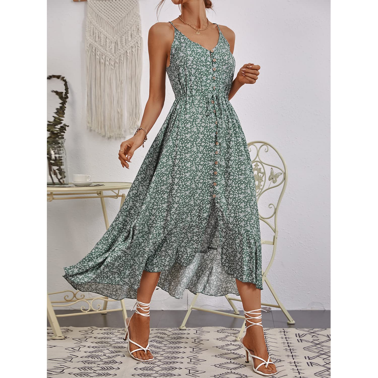 BROVAVE Women's 2025 Summer Casual Boho Sundress - Polka Dot Spaghetti Strap V-Neck Flowy Midi Dress for Beach Vacation, Garden Party & Date Night
