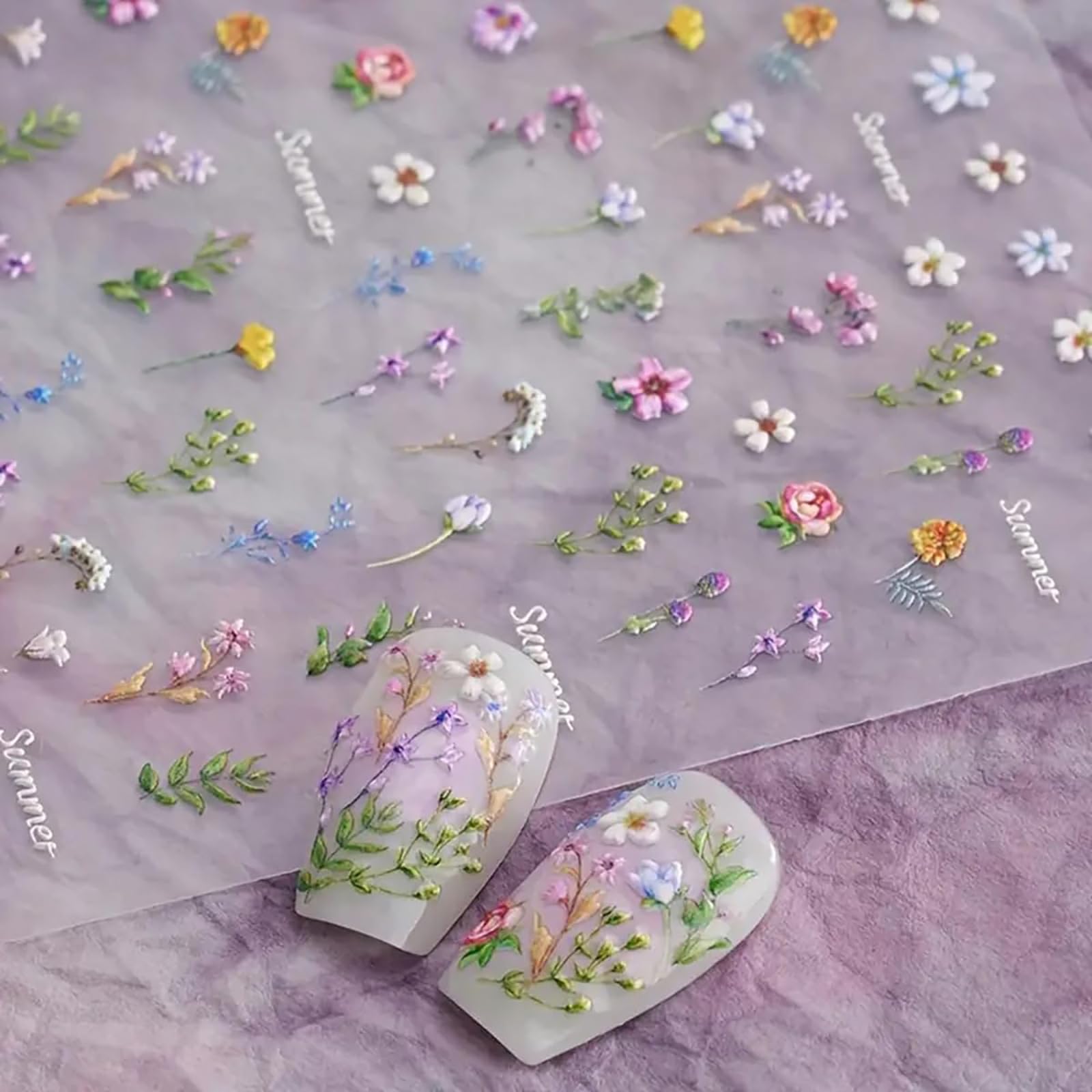 5D Floral Nail Stickers - Summer Flower & Leaf Nail Art Decals, Self-Adhesive Embossed Manicure Sliders for DIY Nail Decoration | Perfect for Parties, Weddings, and Everyday Nail Art Designs