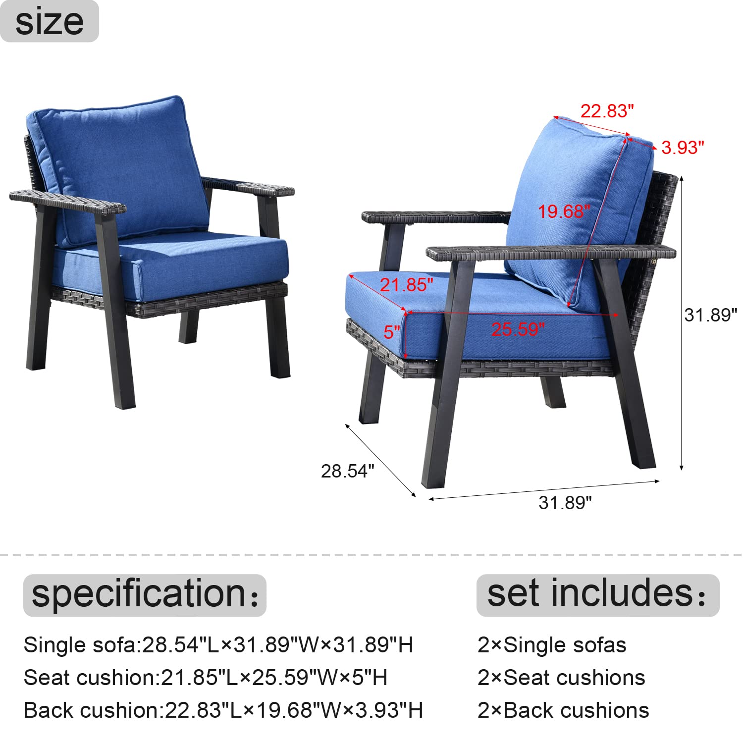 **HOOOWOOO 2-Piece Modern Wicker Outdoor Armchair Set with 5-Inch Ultra Thick Cushions - All-Weather Patio Seating for Garden, Poolside & Backyard Relaxation (Blue Cushions)**