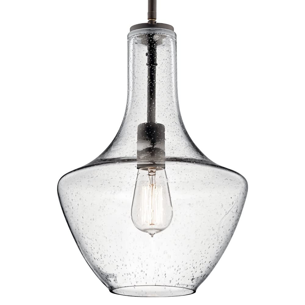 1 Light Contemporary Large Bell Shade Pendant Light Fixture with Clear Glass in Olde Bronze Finish - Perfect for Dining Room, Kitchen Island or Entryway Lighting