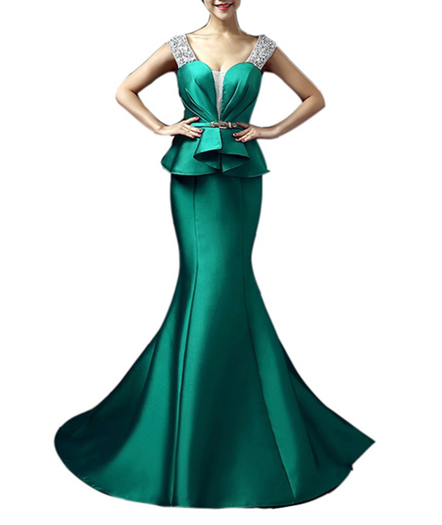 Emanni Women's Long Train Beaded Formal Evening Gown with Double Shoulder Strap - Hunter Green - Perfect for Prom, Gala, Wedding and Special Occasions