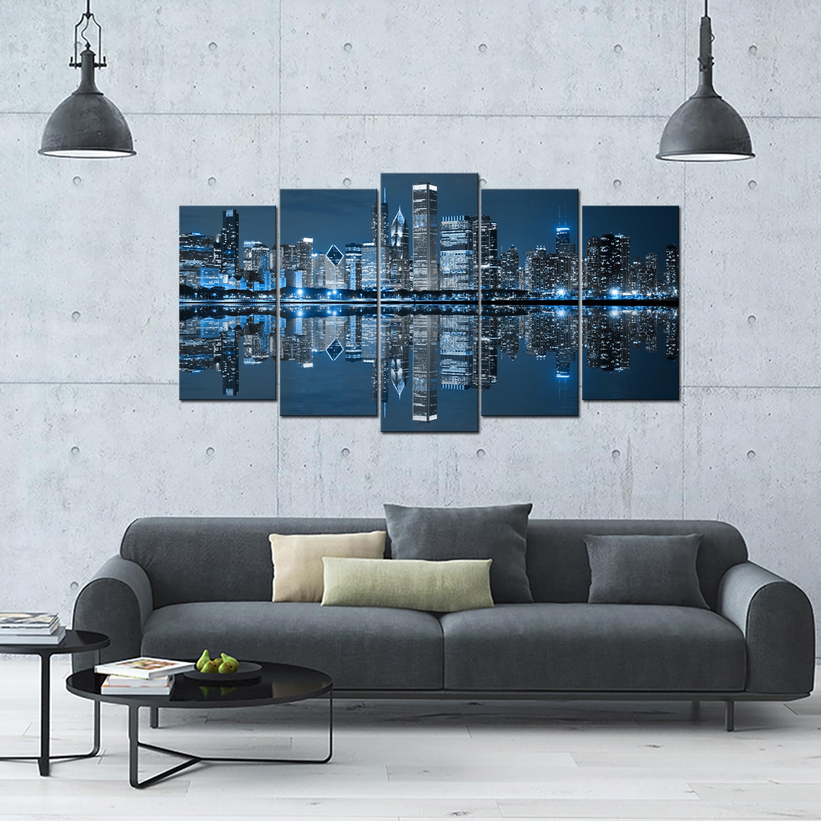 LevvArts Chicago Skyline Canvas Wall Art - Blue City Night Painting for Office & Living Room Decor - Large Size - Perfect for Home, Office & Gift Giving