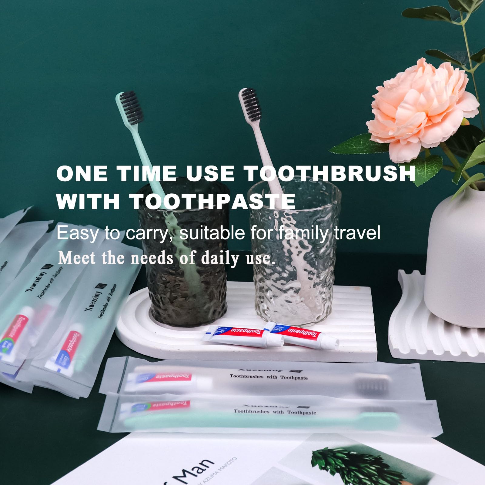 60 Pack Disposable Toothbrushes with Toothpaste - Individually Wrapped Travel Toothbrush Kit in Bulk for Travel, Hotels, Nursing Homes & Charity (Apricot & Green) | Perfect for Hygiene Kits, Emergency Supplies & On-the-Go Oral Care