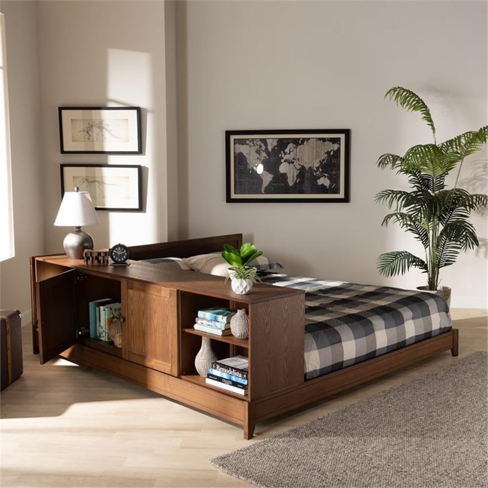 BOWERY HILL Queen Size Platform Storage Bed - Solid Walnut Brown Wood Frame with Underbed Storage | Modern Bedroom Furniture for Small Spaces & Guest Rooms