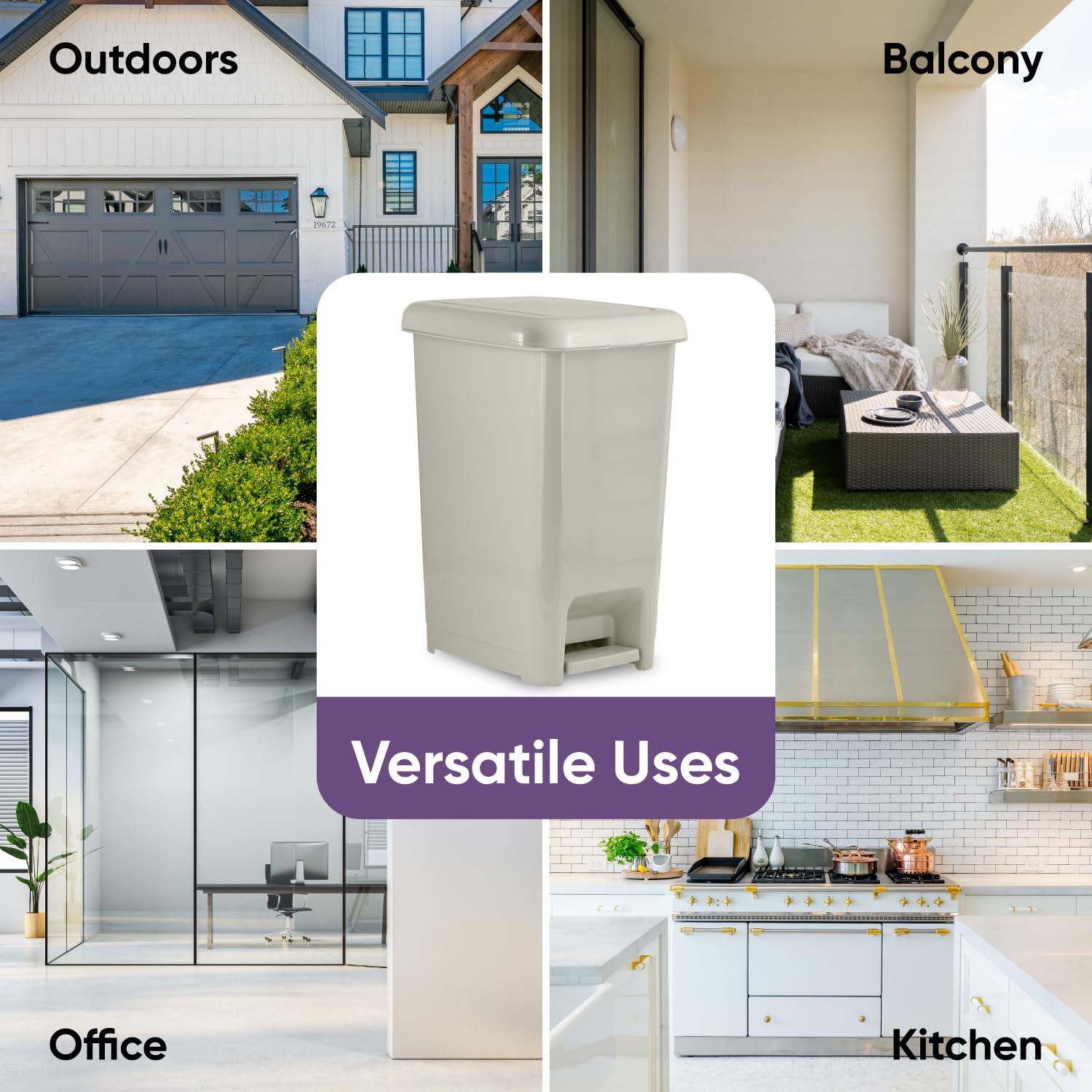 Superio 64 Qt. Slim Step-On Trash Can with Foot Pedal - Large Durable Plastic Kitchen Garbage Bin with Removable Bucket - 16 Gallon Waste & Recycling Bin in Greige - Perfect for Kitchen, Office, Bathroom & Home Use