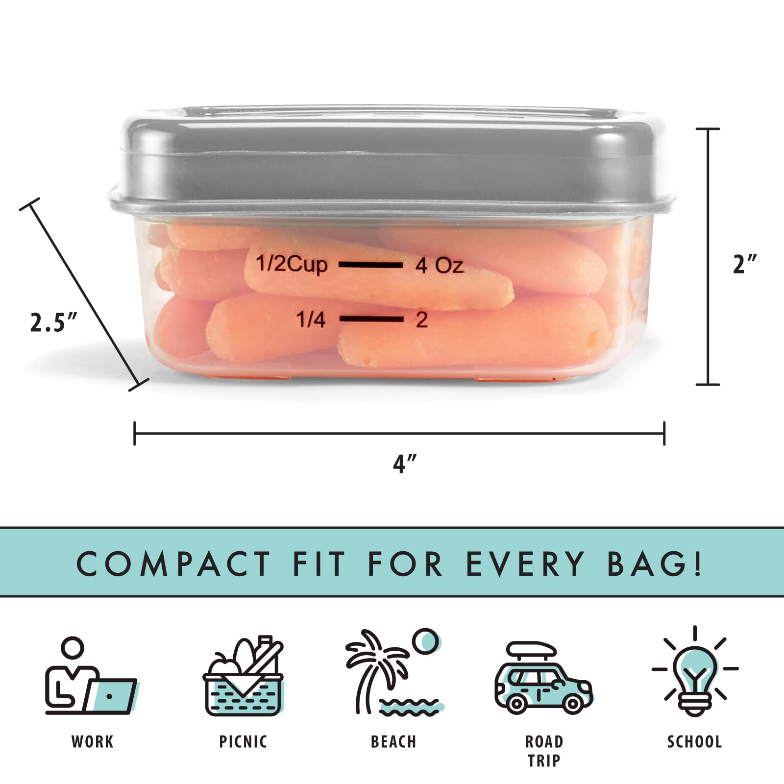 Fit & Fresh 4 oz Small Plastic Containers with Lids - 5 Pack Reusable Leakproof Snack Containers for Adults & Kids - Perfect for Salads, Dressings, Condiments & On-the-Go Meals