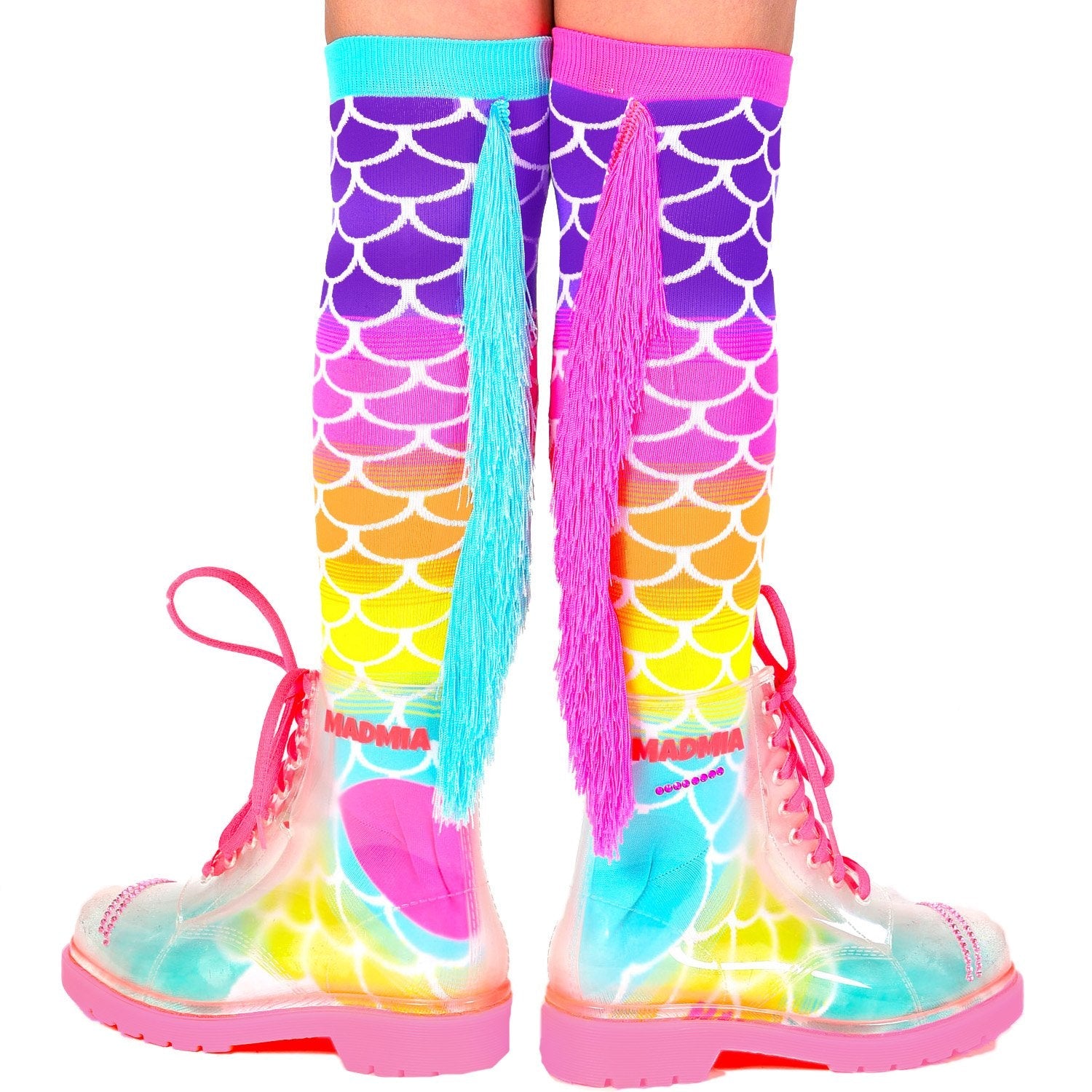 MadMia Mermaid Scale Pattern Tassel Socks for Women - Fun Novelty Fish Tail Design Knee High Socks - Perfect for Costumes, Cosplay, and Beach Parties