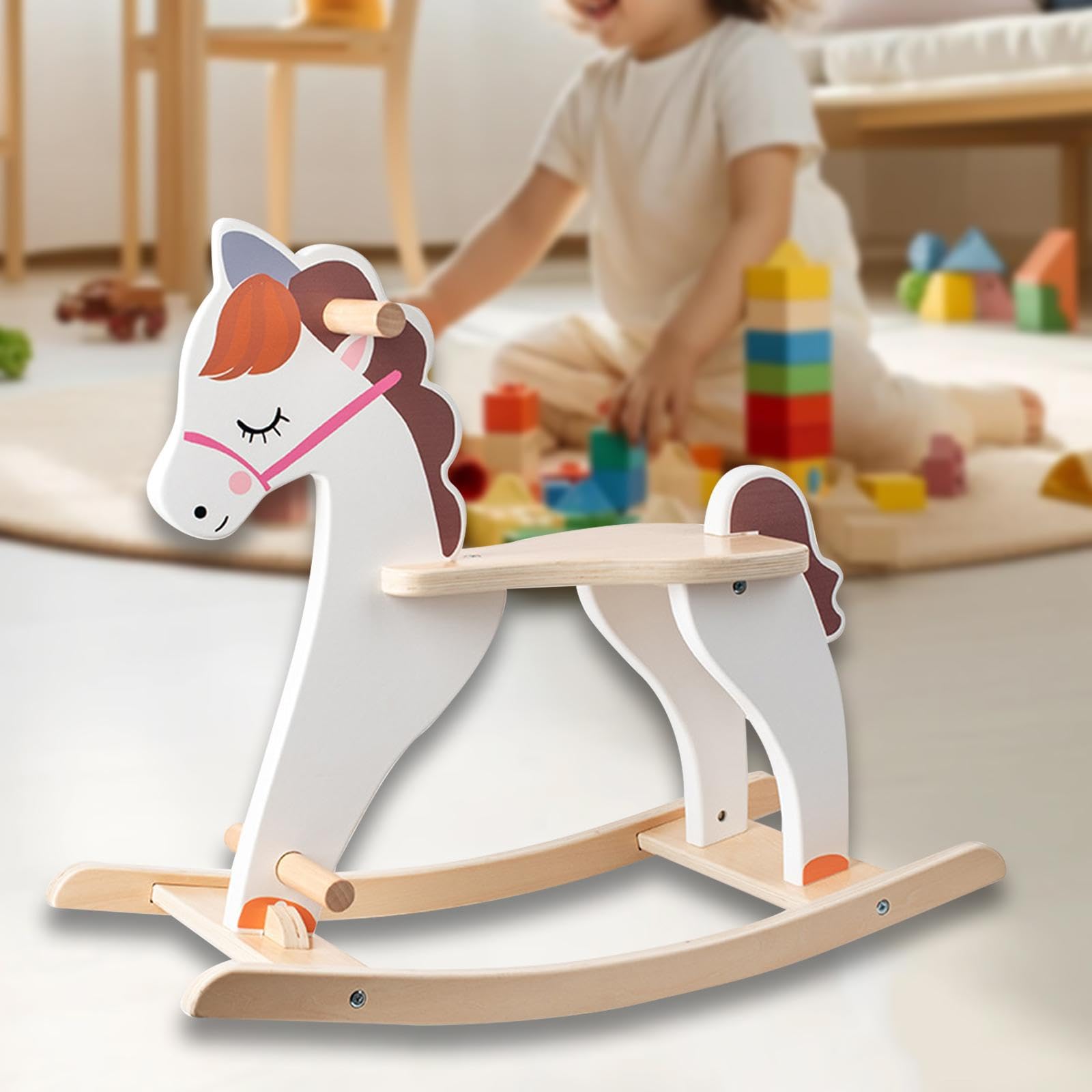**GaotKeut Wooden Rocking Horse - Natural Baby Ride-On Toy for Indoor & Outdoor Play - Safe & Durable Rocker for Toddlers & Kids - Perfect for Playrooms, Nurseries, and Backyards**