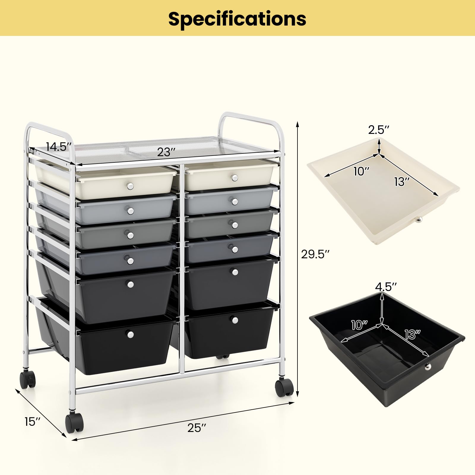 RELAX4LIFE 12-Drawer Rolling Craft Storage Cart with Wheels - Mobile Organizer for Art Supplies, Office, Beauty Salon & School Use - Space-Saving Gradient Black Utility Cart for Home, Studio & Classroom Organization