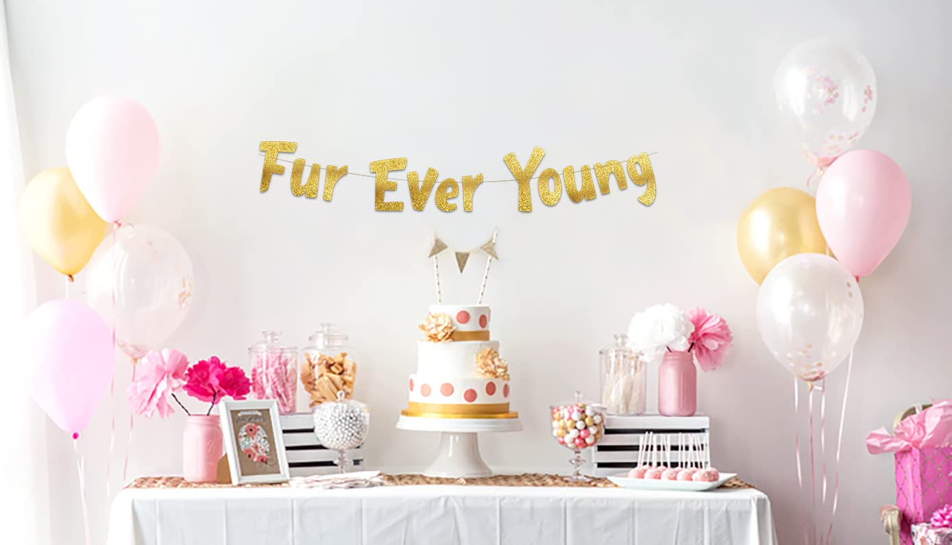 Furever Young Gold Glitter Dog & Cat Birthday Banner - Funny Puppy Kitten Party Decorations - Perfect for Pet Birthday Celebrations, Adoption Parties & Animal-Themed Events