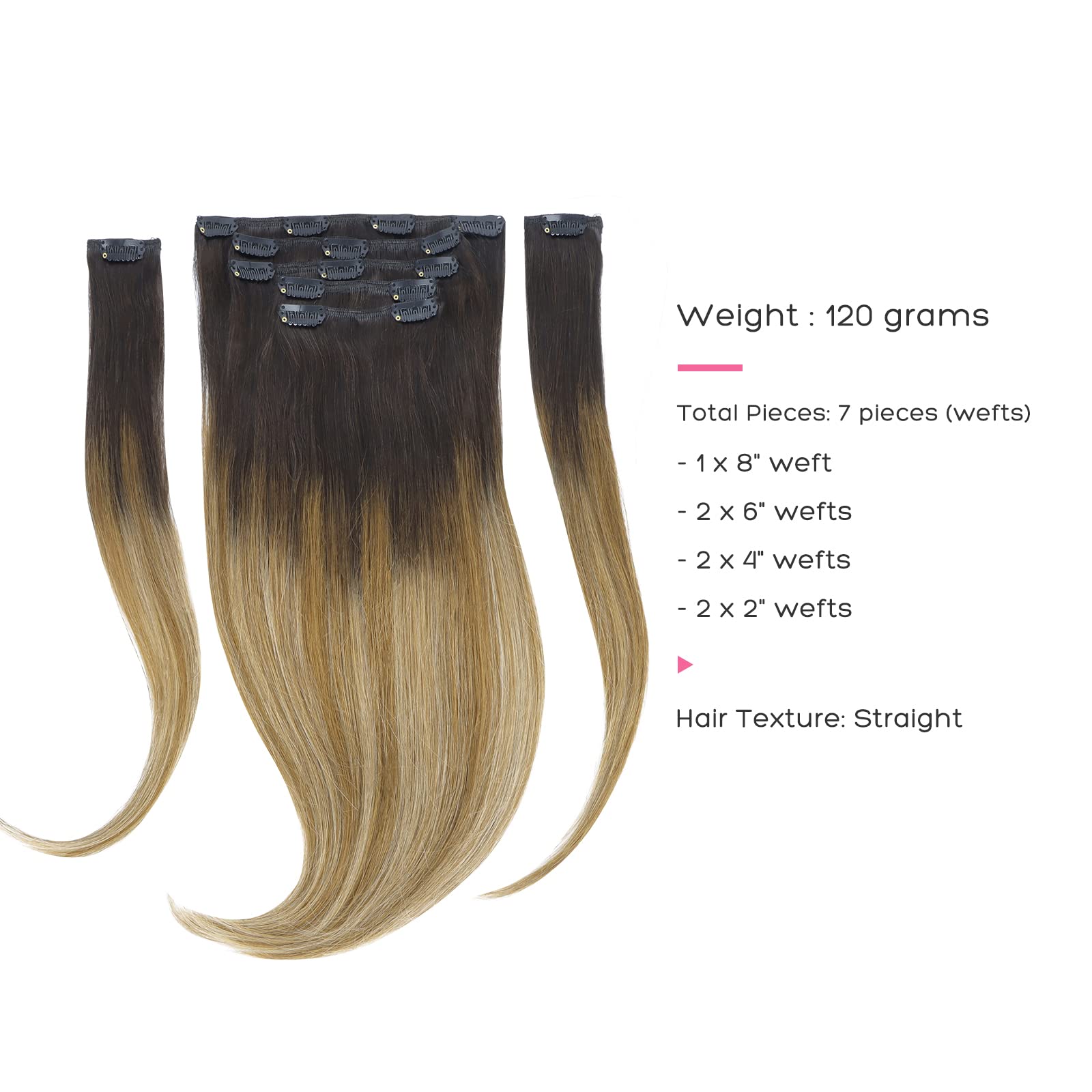 Marat Clip in Human Hair Extensions 22 Inch 120g - Dark Brown to Chestnut Brown & Dirty Blonde Straight Hair Extensions | Perfect for Parties, Weddings & Daily Styling