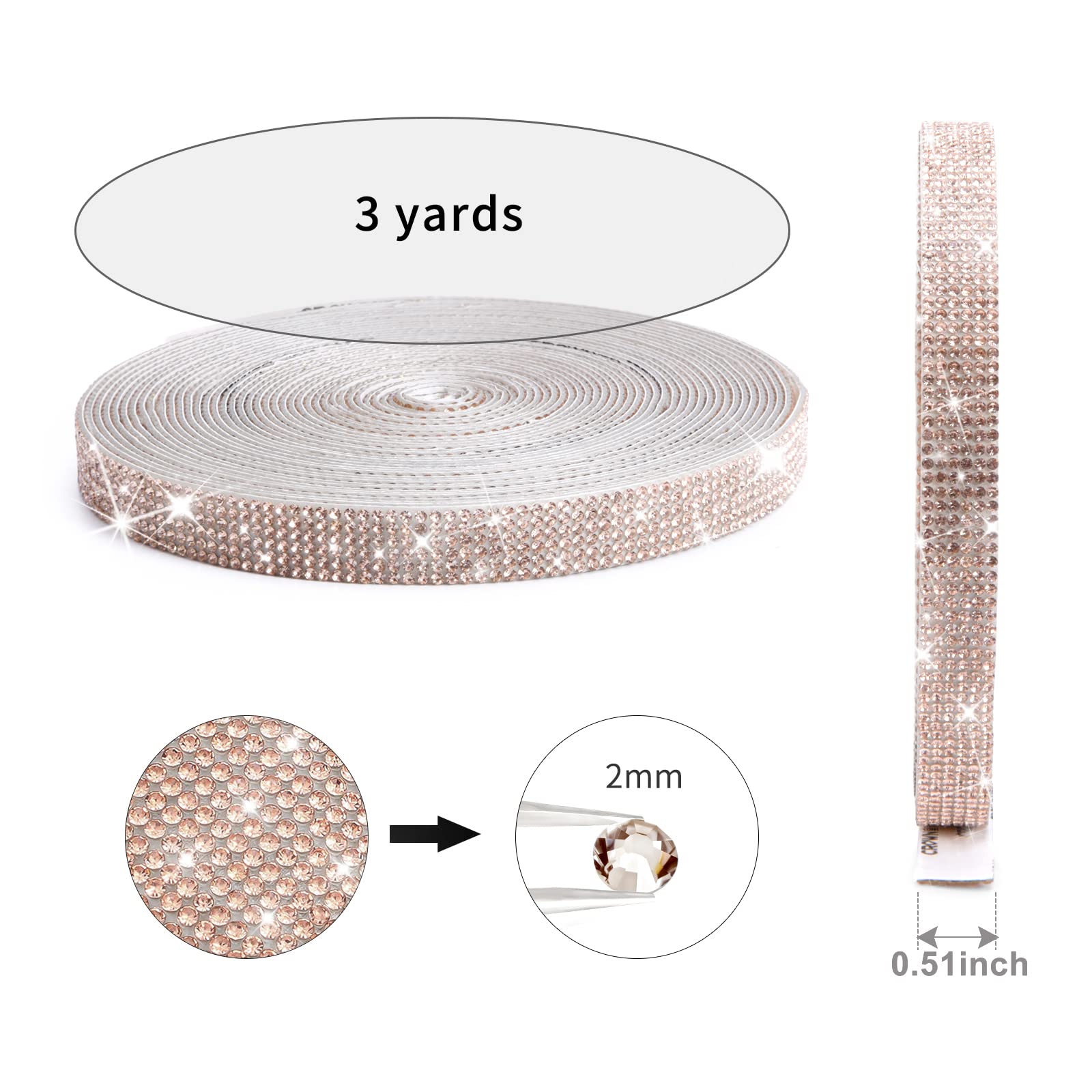 Self Adhesive Crystal Rhinestone Ribbon - 3 Yards Sparkling DIY Diamond Bling Strips for Crafts, Phone & Car Decor (0.51 Inch, Champagne) | Perfect for DIY Jewelry, Wedding Decor & Nail Art Designs