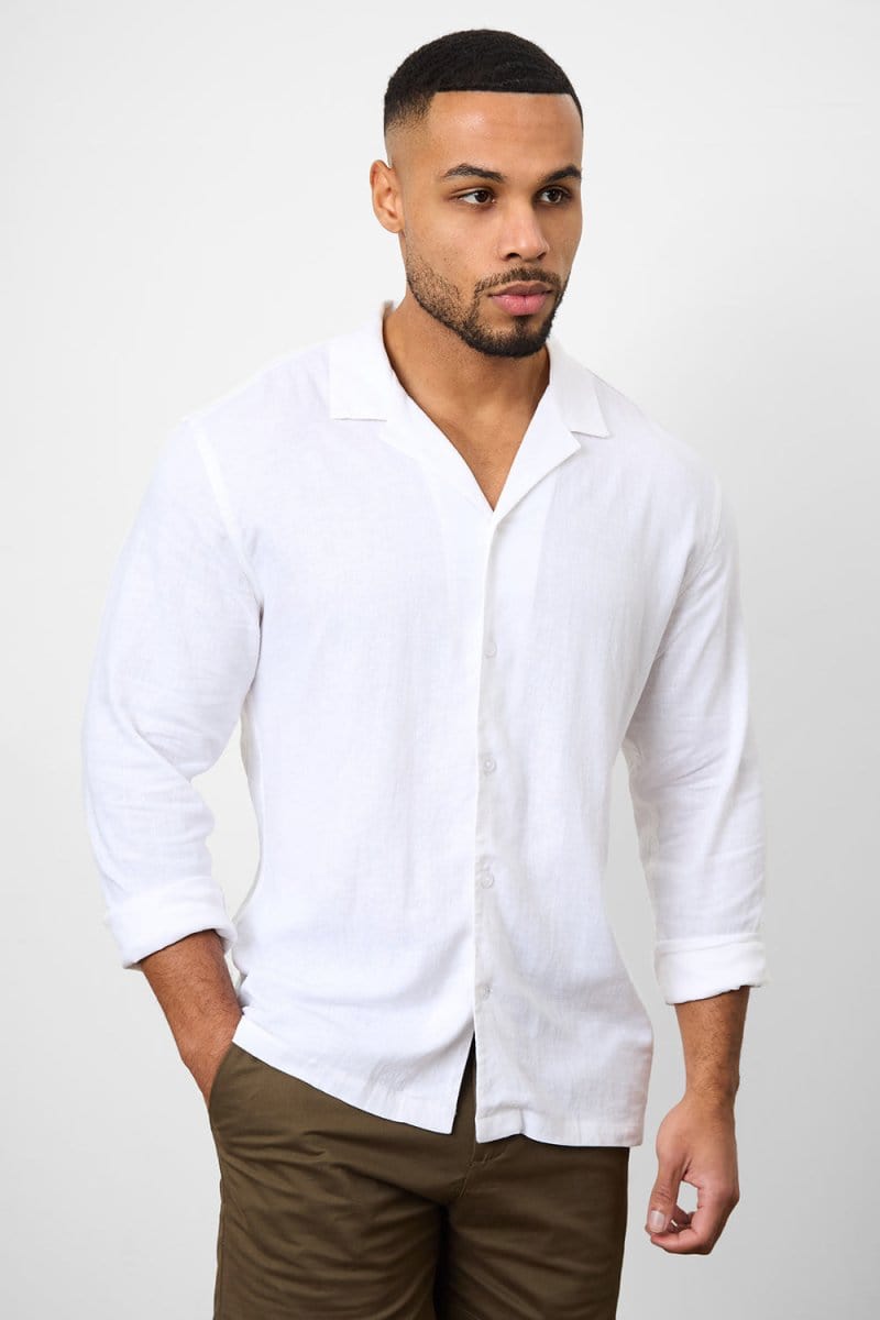 Premium White Linen Blend Cuban Collar Shirt for Men - Breathable Summer Casual Shirt for Beach, Vacation & Outdoor Activities