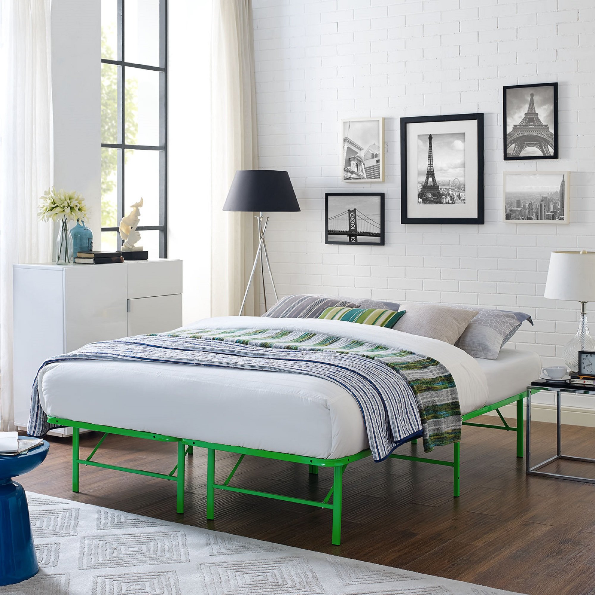 Modway Horizon Folding Metal Mattress Bed Frame - Queen Size, Green - Sturdy Box Spring Replacement for Bedrooms, Guest Rooms & Dorm Rooms