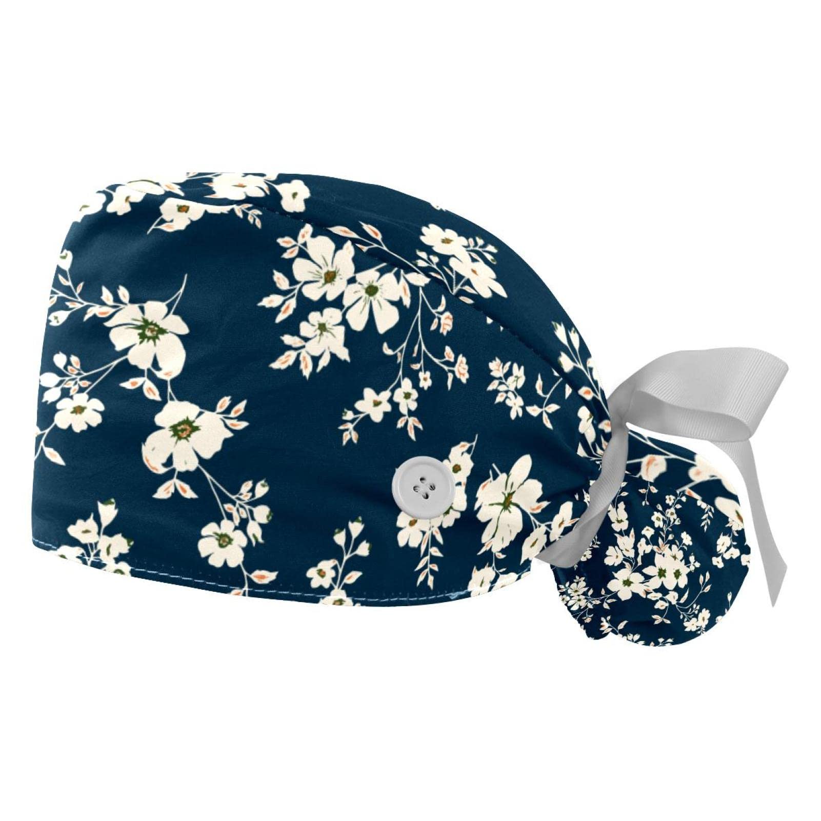 Black & White Floral Scrub Hats for Women & Men - 2 Pack Long Hair Surgical Caps with Button Closure & Sweatband - Unisex Tie Back Nurse Doctor Chef Hat for Hospital, Kitchen & Salon Use